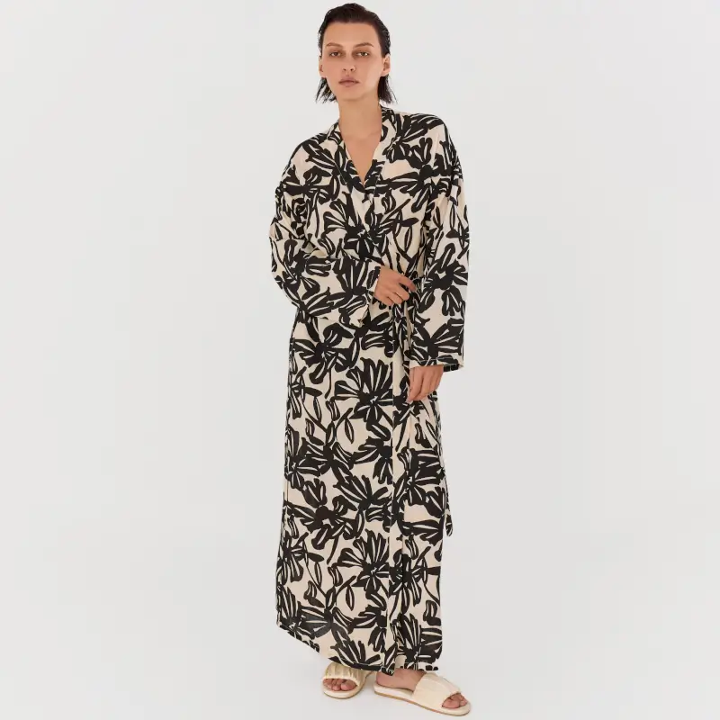 Women's robe, size L, with long sleeves, viscose, beige-black, Abstract flowers, Almi ,image-0
