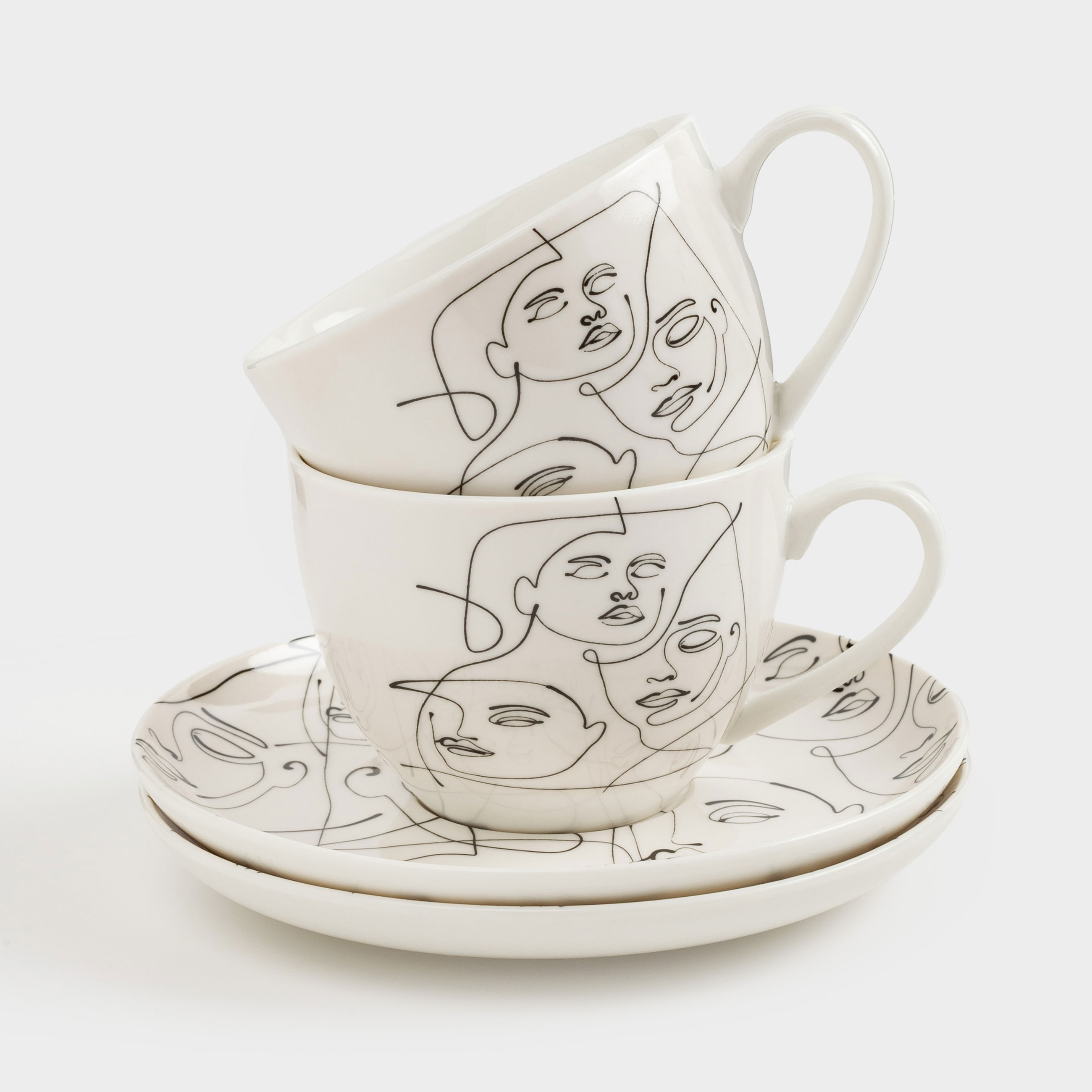 Tea pair, 2 persons, 4 items, 220 ml, porcelain N, milk, Abstract faces, Face, image-0