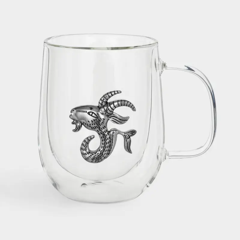 Mug, 350 ml, glass B / metal, silver, Capricorn, Air zodiac
