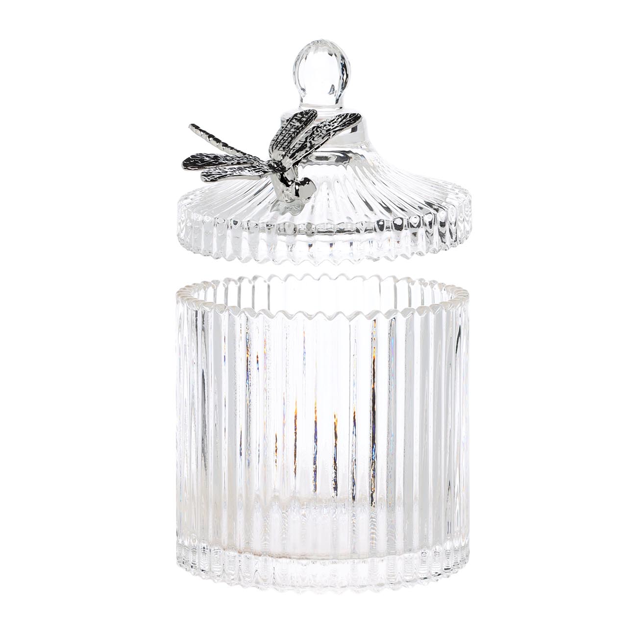 Candy bowl, 17x10 cm, 550 ml, with lid, glass R / metal, Silver dragonfly, Selene, image-1