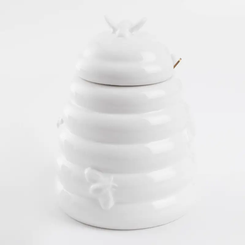Honey jar, 650 ml, with spoon, ceramic / steel, milk, Bees, Honey