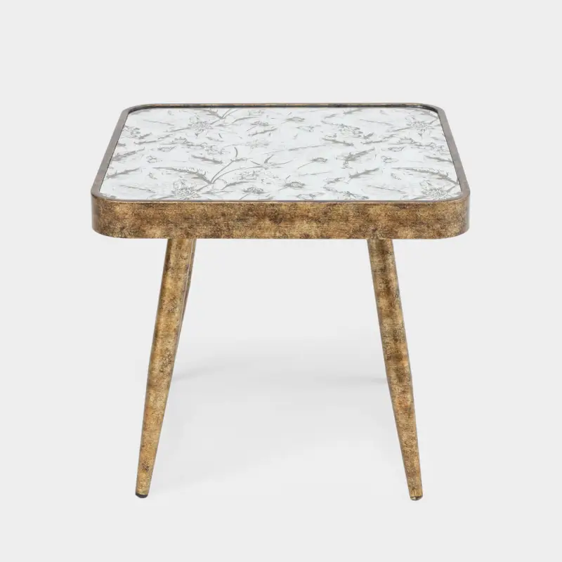 Coffee table, 40x36 cm, glass / plastic, square, golden, Flowers, Floral