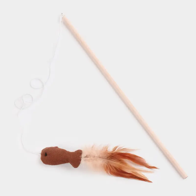 Cat Fishing Rod Toy, 1.1 m, with feathers, Wood / Polyester, Fish, Playful cat ,image-0