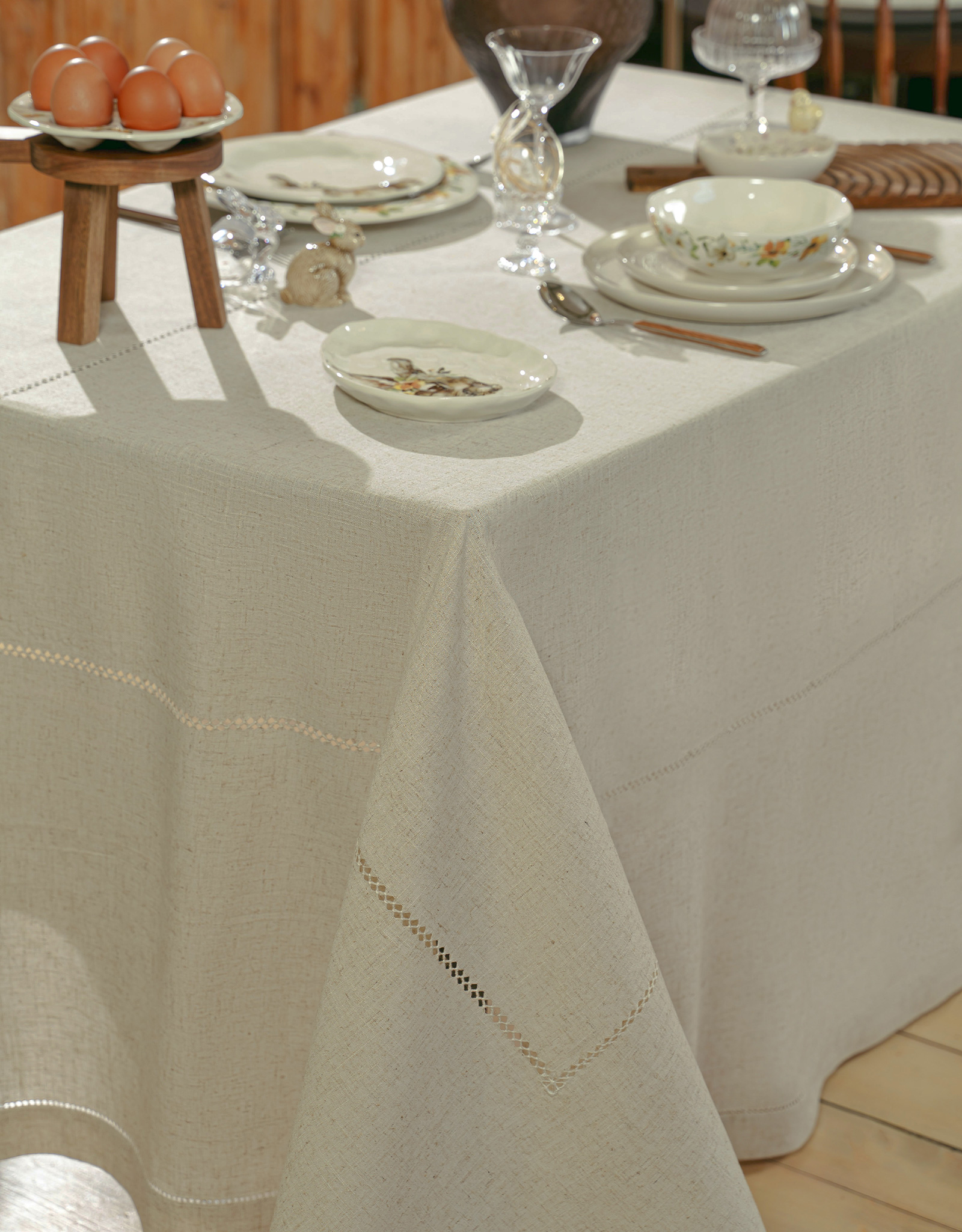Tablecloth, 160x160 cm, polyester / linen, beige, Hemstitch