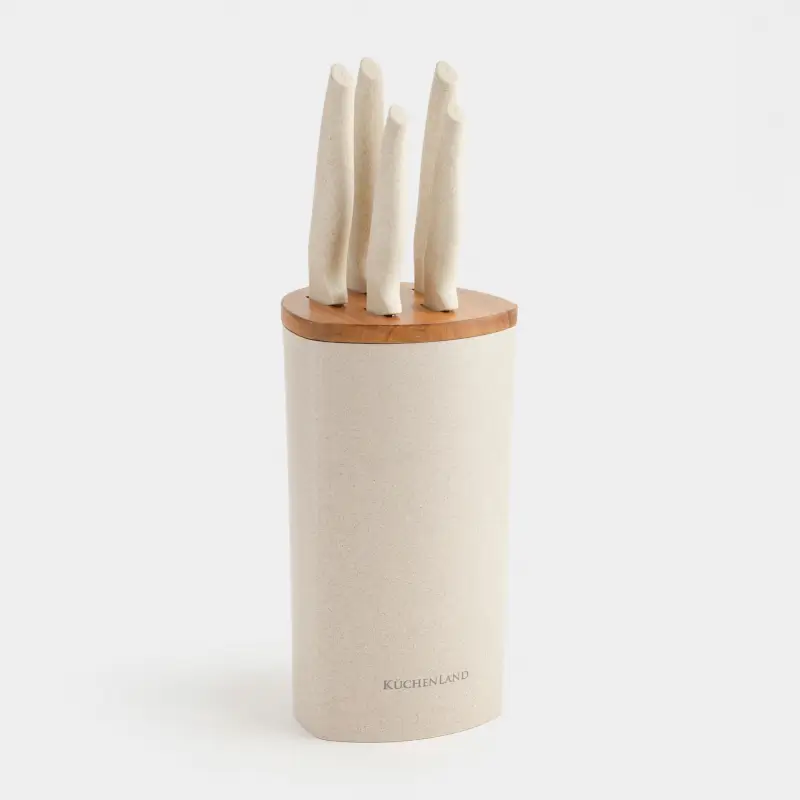 Knife set, 5 items, in stand, steel / plastic / wood, Cream, Major ,image-0