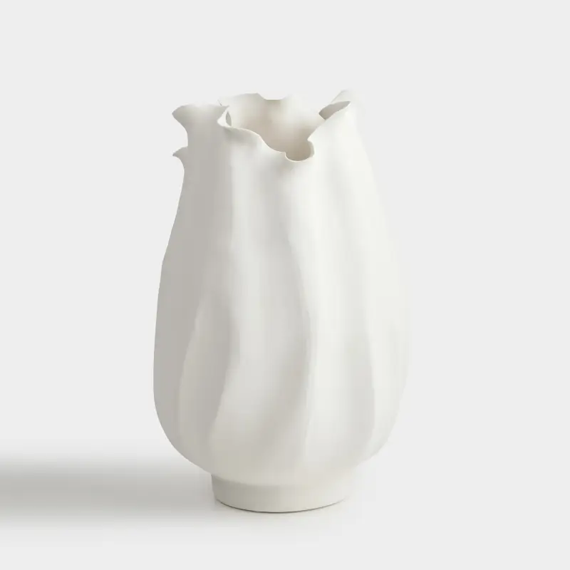 Flower vase, 34 cm, ceramic, milky, Bends, Crumple ,image-0