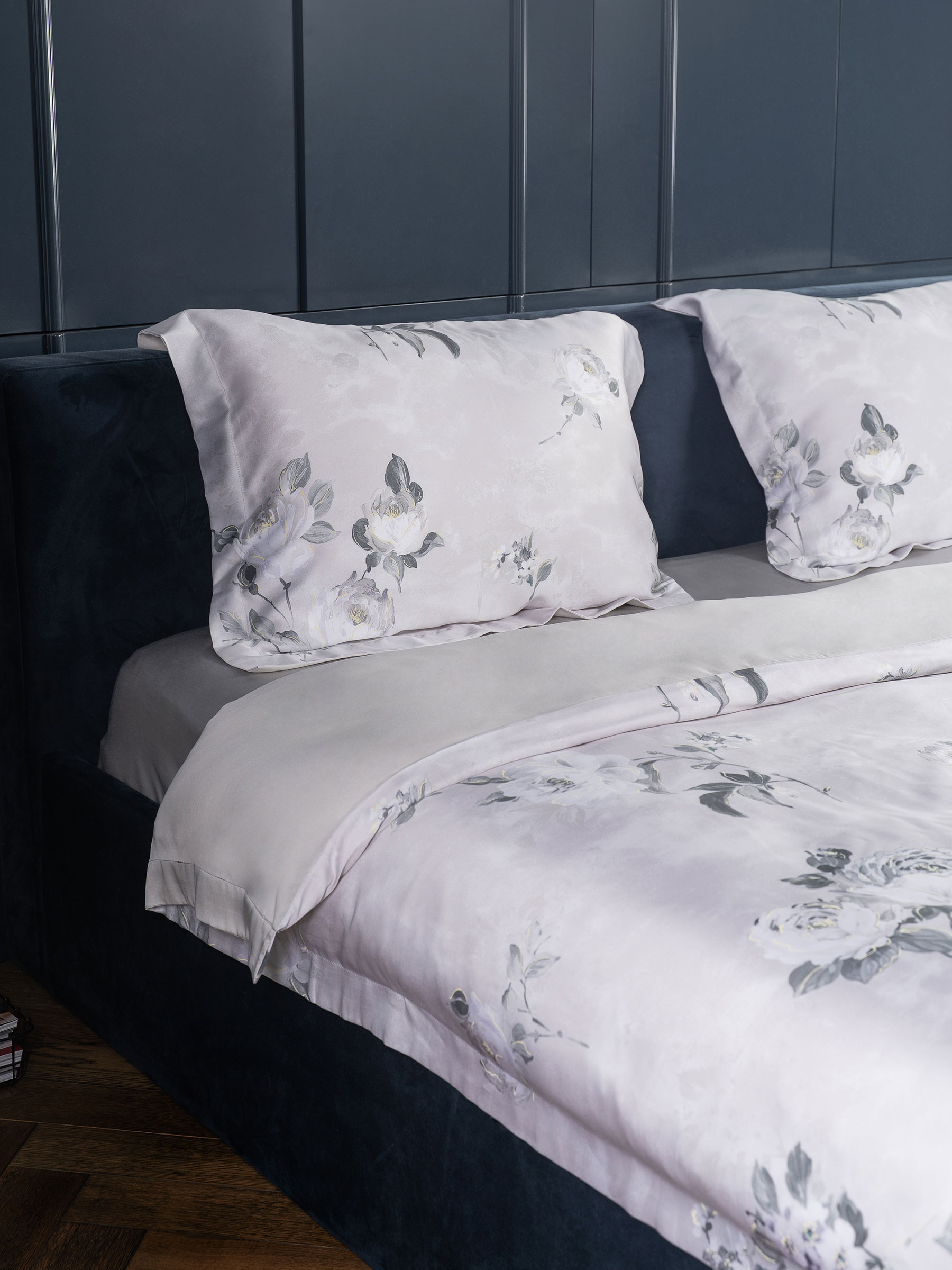 Bed linen set, euro, Tencel 300 TC, light grey, Flowers, Tencel, image-1