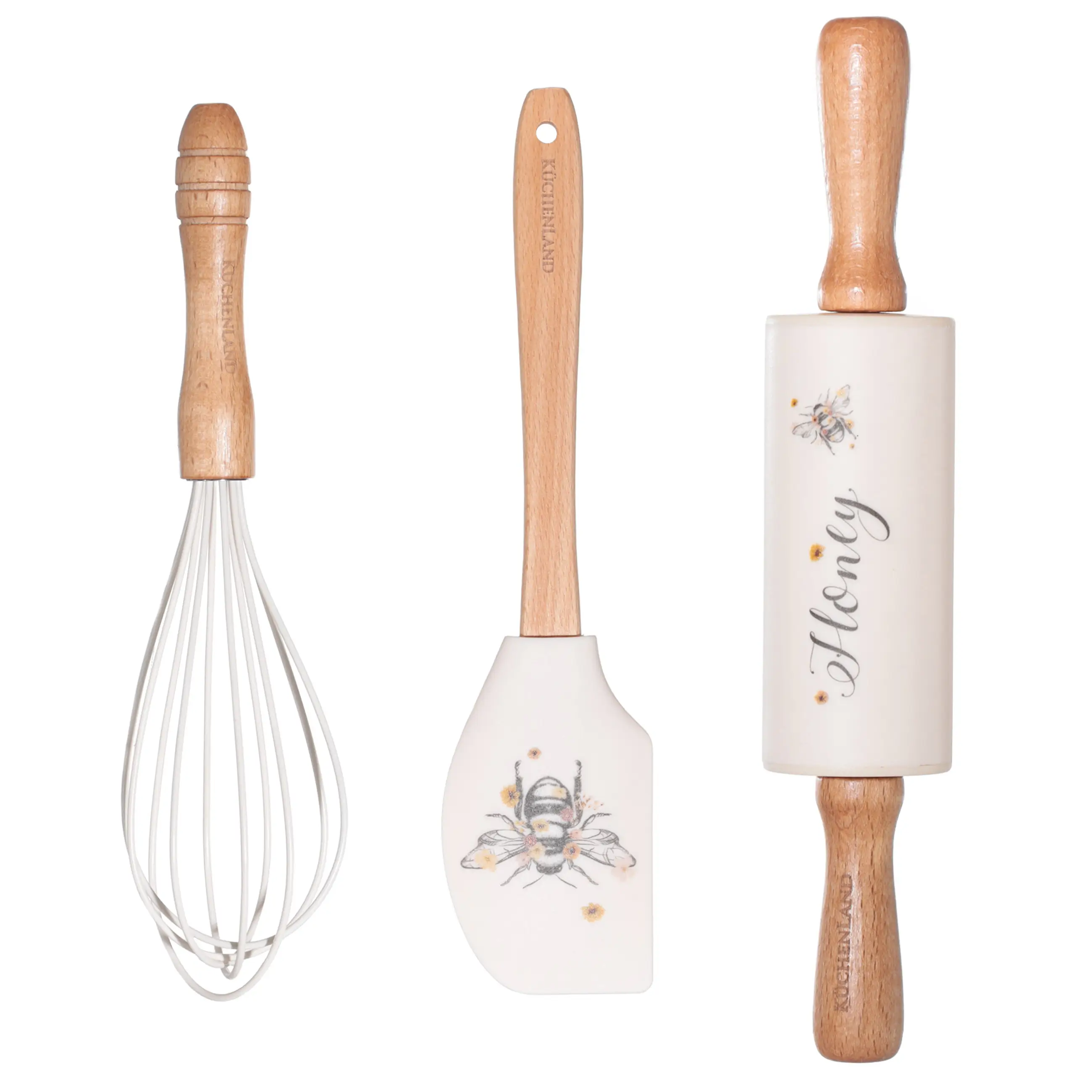 Baking set, 3 items, spatula /whisk/Rolling pin, silicone / wood, beige, Bumblebee, Honey, image-0