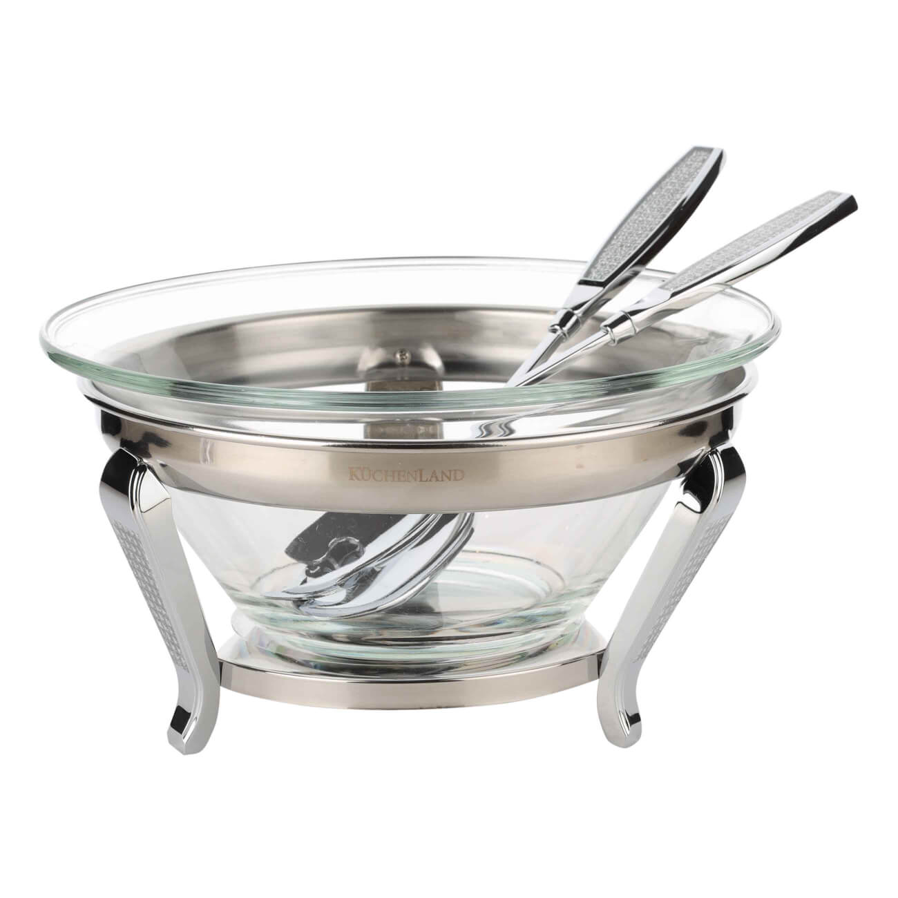 Salad bowl, 30x13 cm, 3 pr, with spoon / fork, on a stand, glass / metal, Winter antarctica