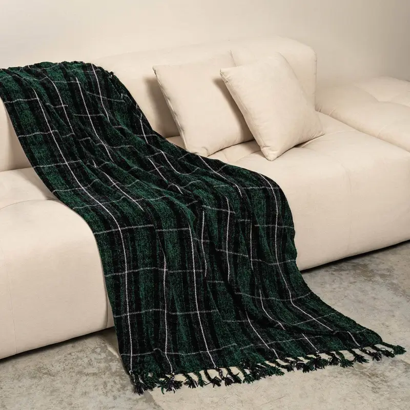 Plaid, 130x170 cm, fringed, chenille, green-blue, Checkered, Hazel ,image-0