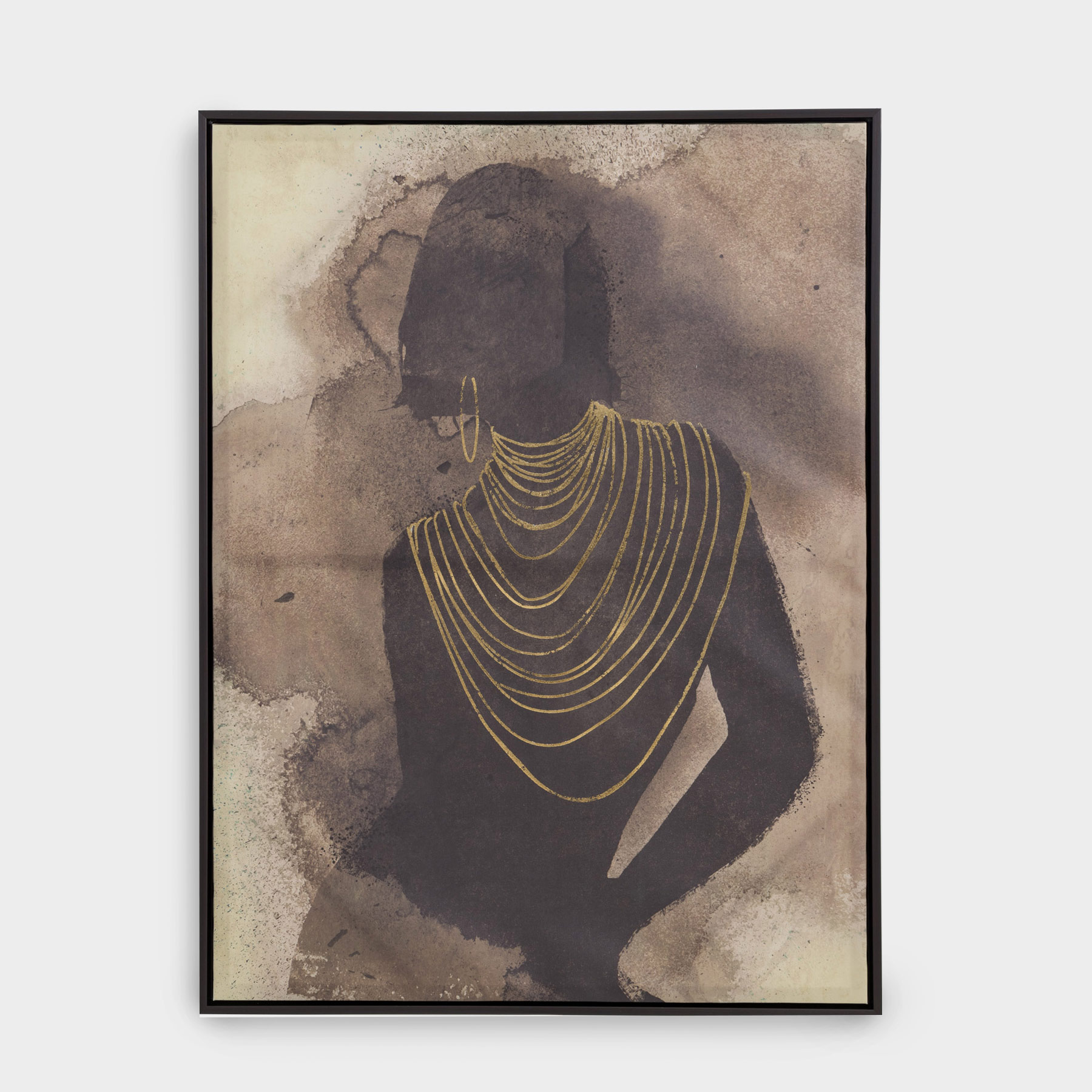 Framed painting, 78x103 cm, canvas, brown and black, Girl with gold chain, Abstract