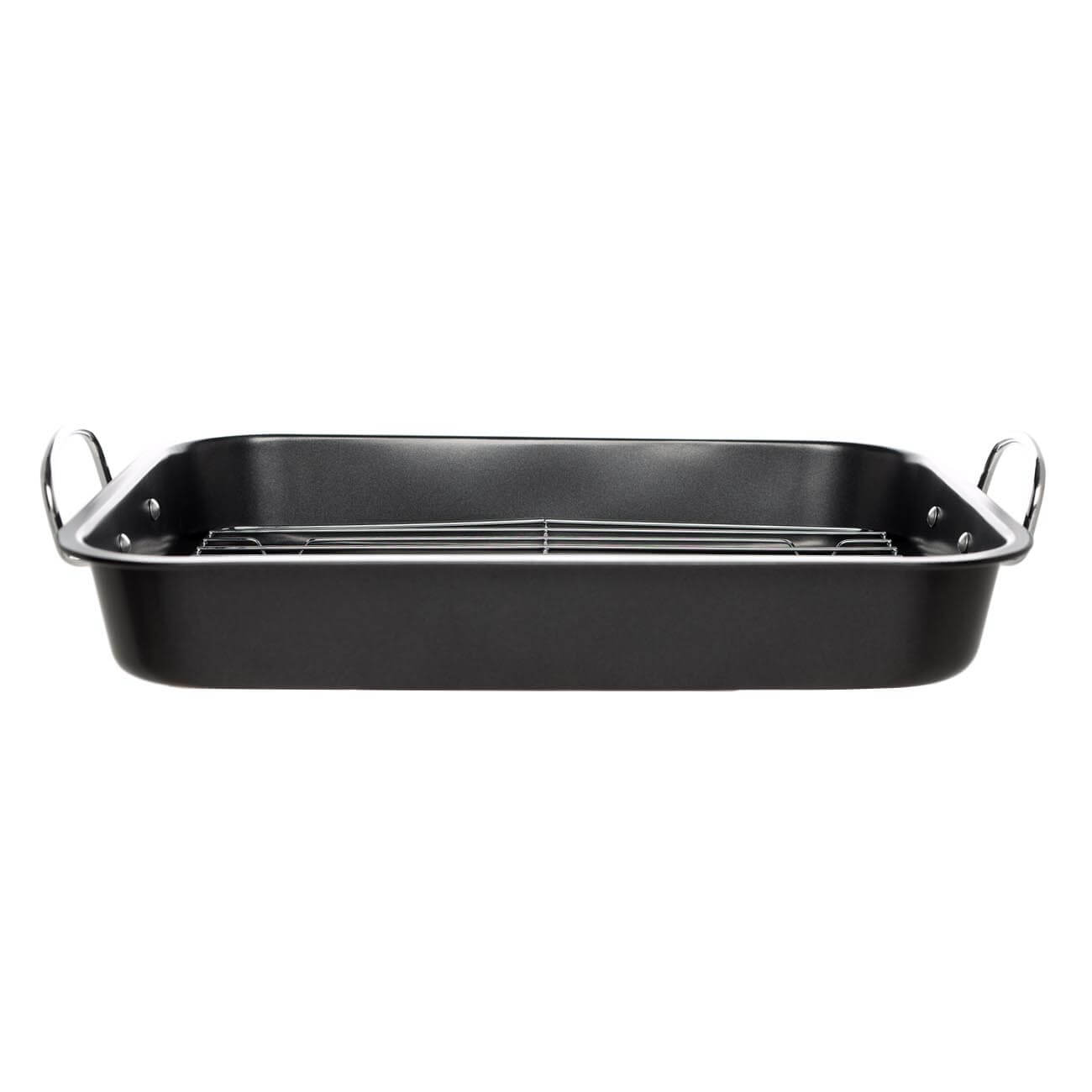 Baking tray, 37x29 cm, with handles and grill, coated, steel, black, BBQ