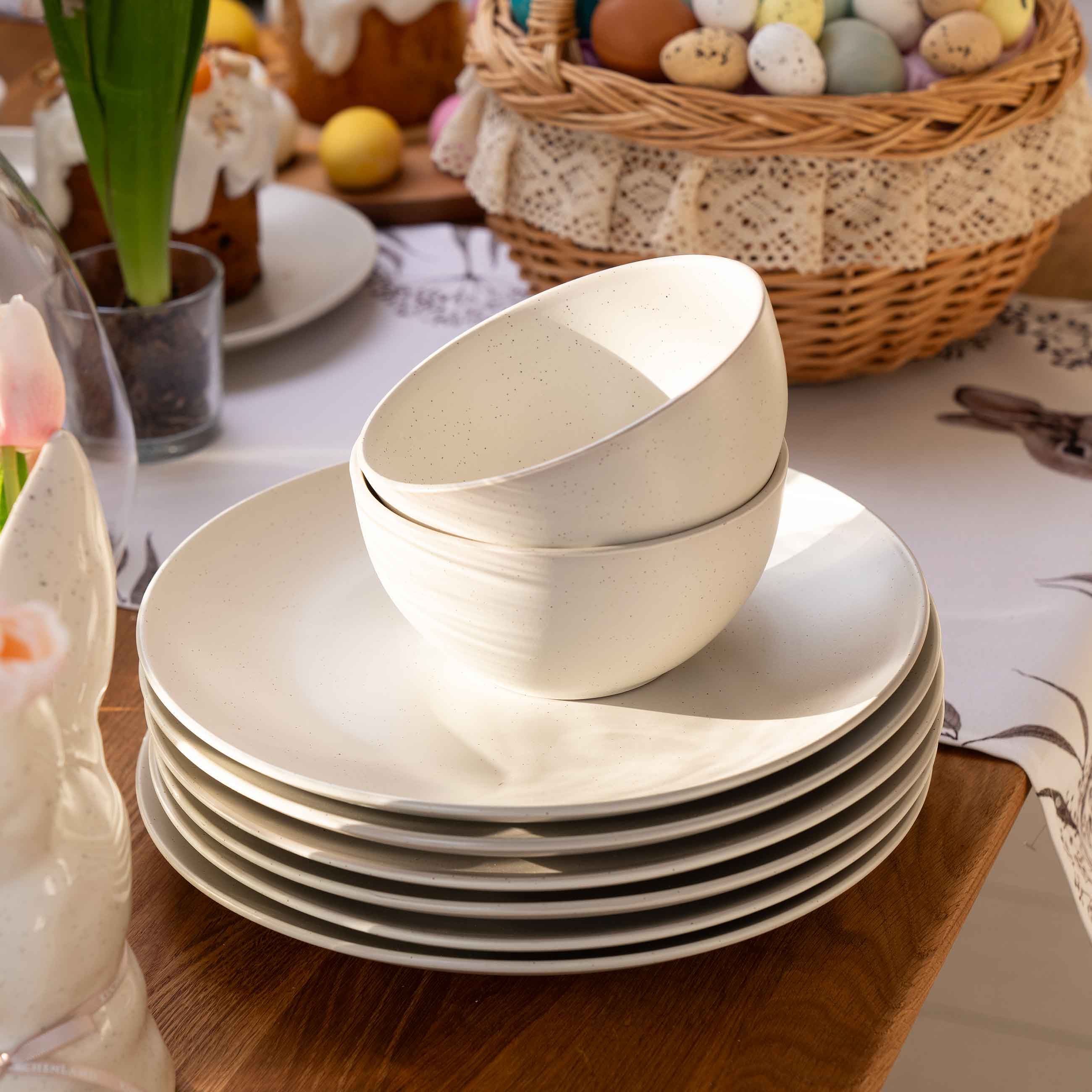 Dining set, 6 pers, 18 pr, ceramic, milk, speckled, Particle