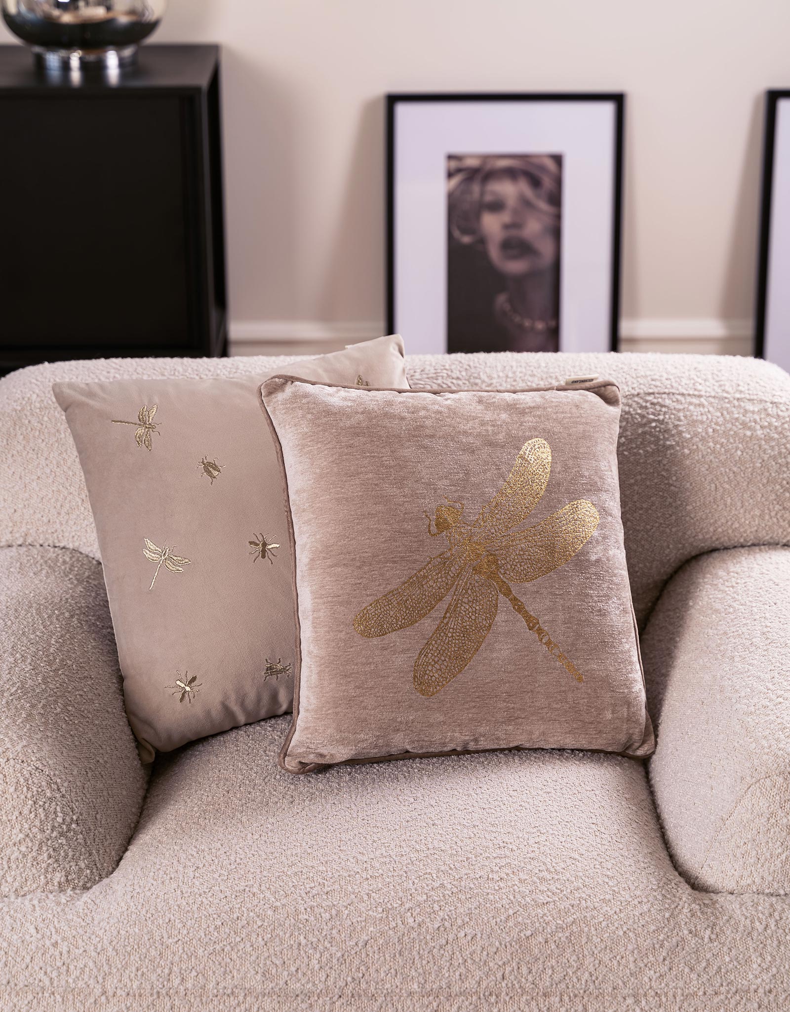 Decorative pillow, 45x45 cm, chenille / corduroy, gray-beige, Dragonfly, Dragonfly