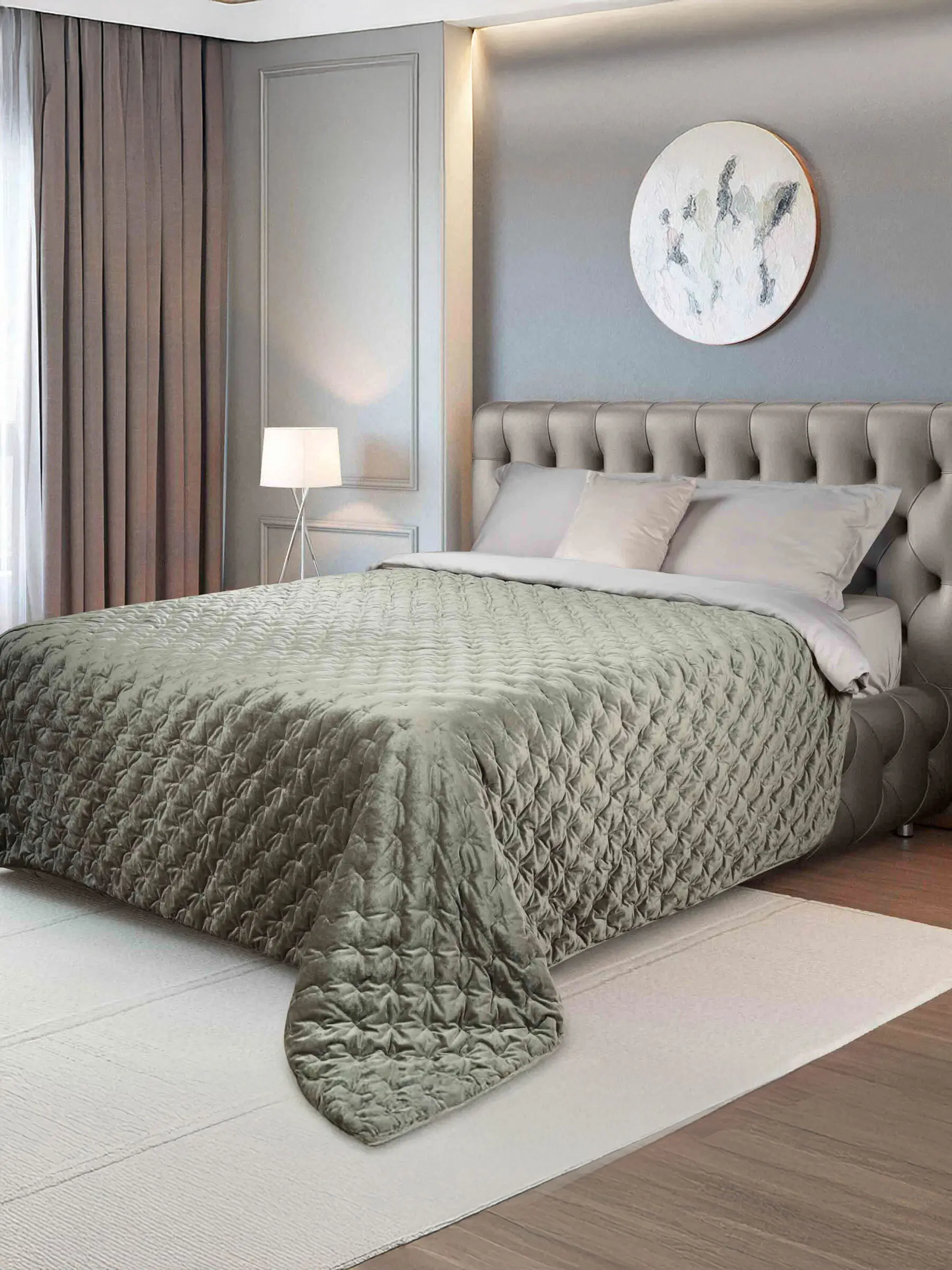 Bedspread, 220x240 cm, quilted, velvet/microfiber, green, Lines, Stitch velvet