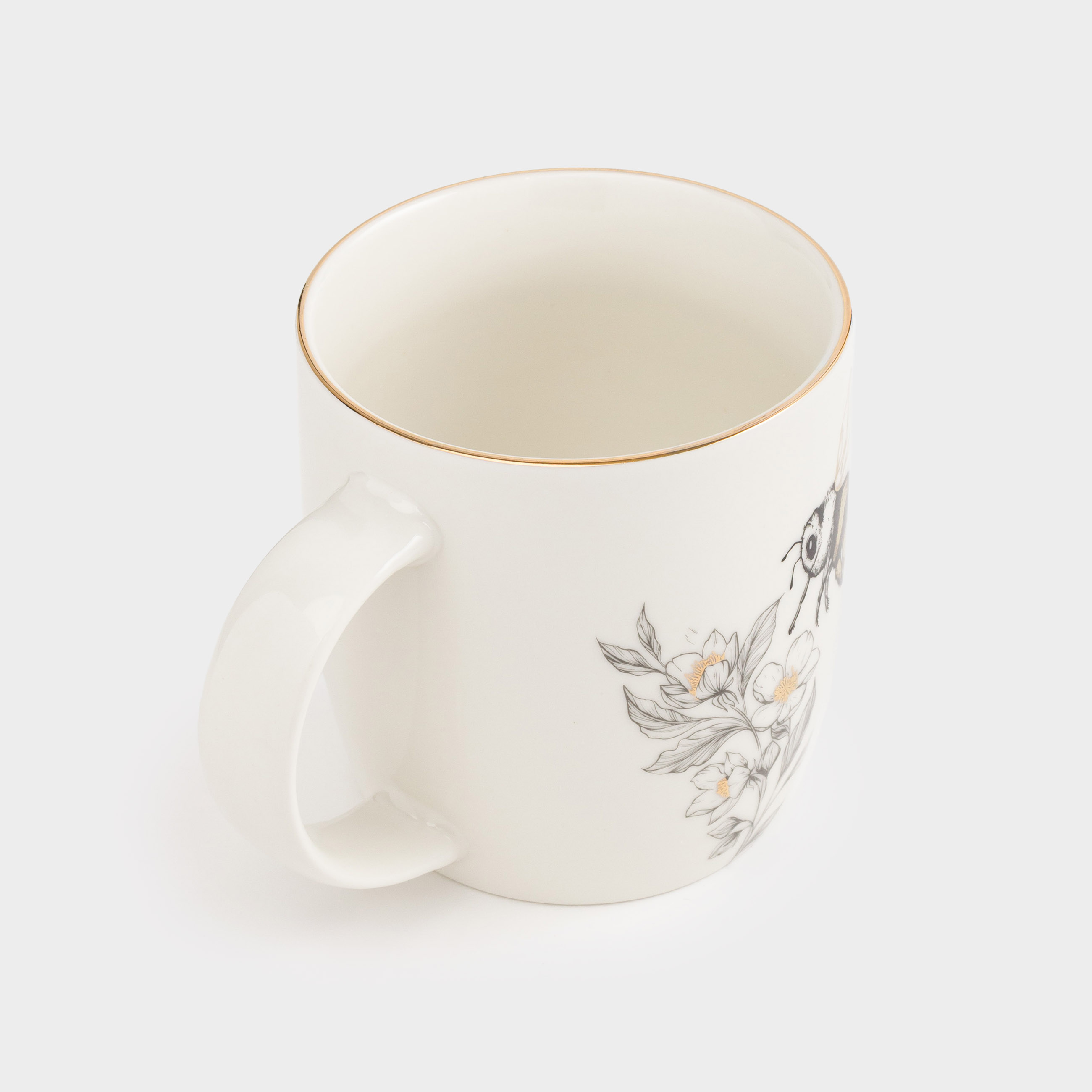 Mug, 380 ml, porcelain N, white, with golden edging, Bumblebee with flower, Bugs, image-0