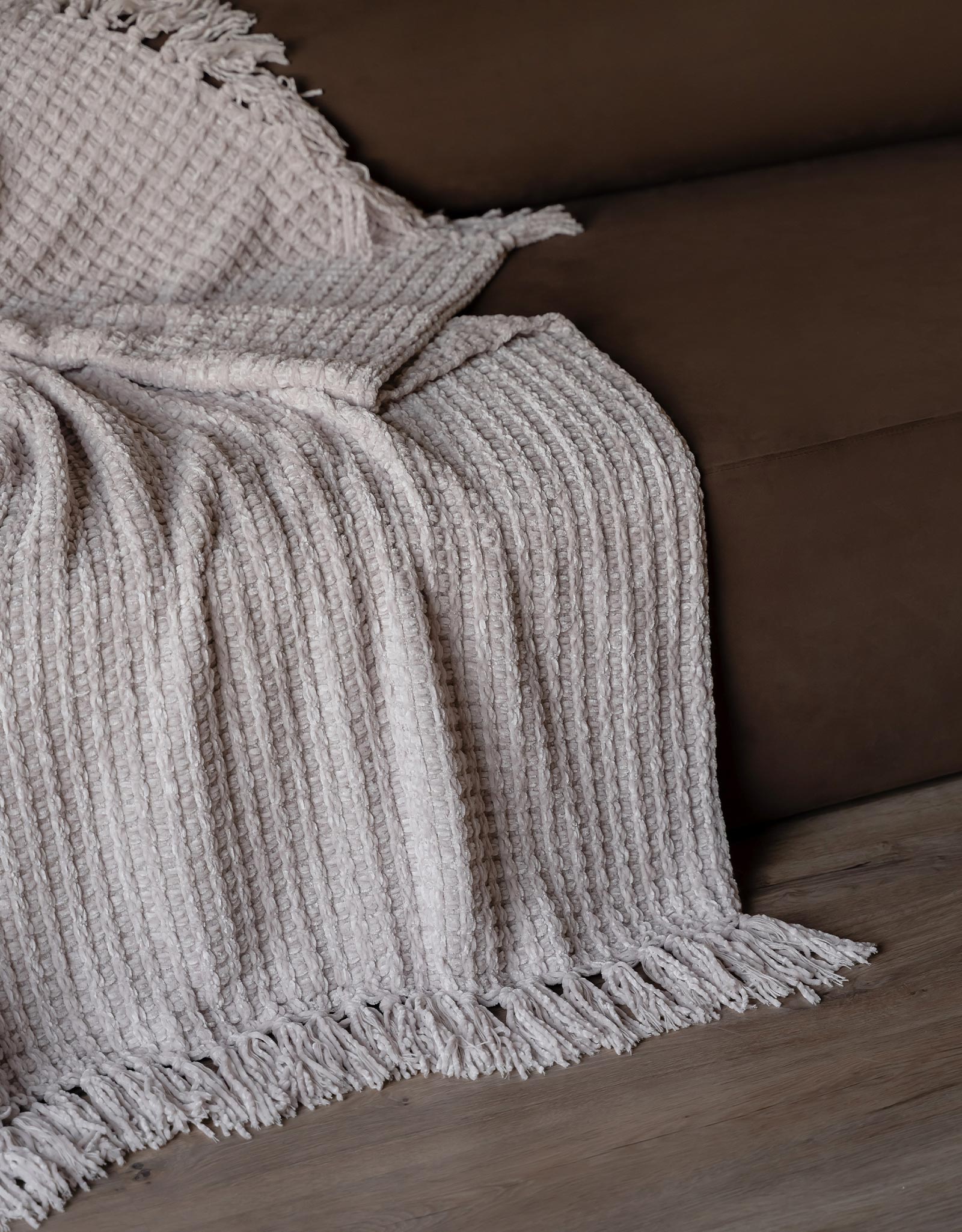 Plaid, 130x160 cm, with fringe, Chenille, sand, Chenill