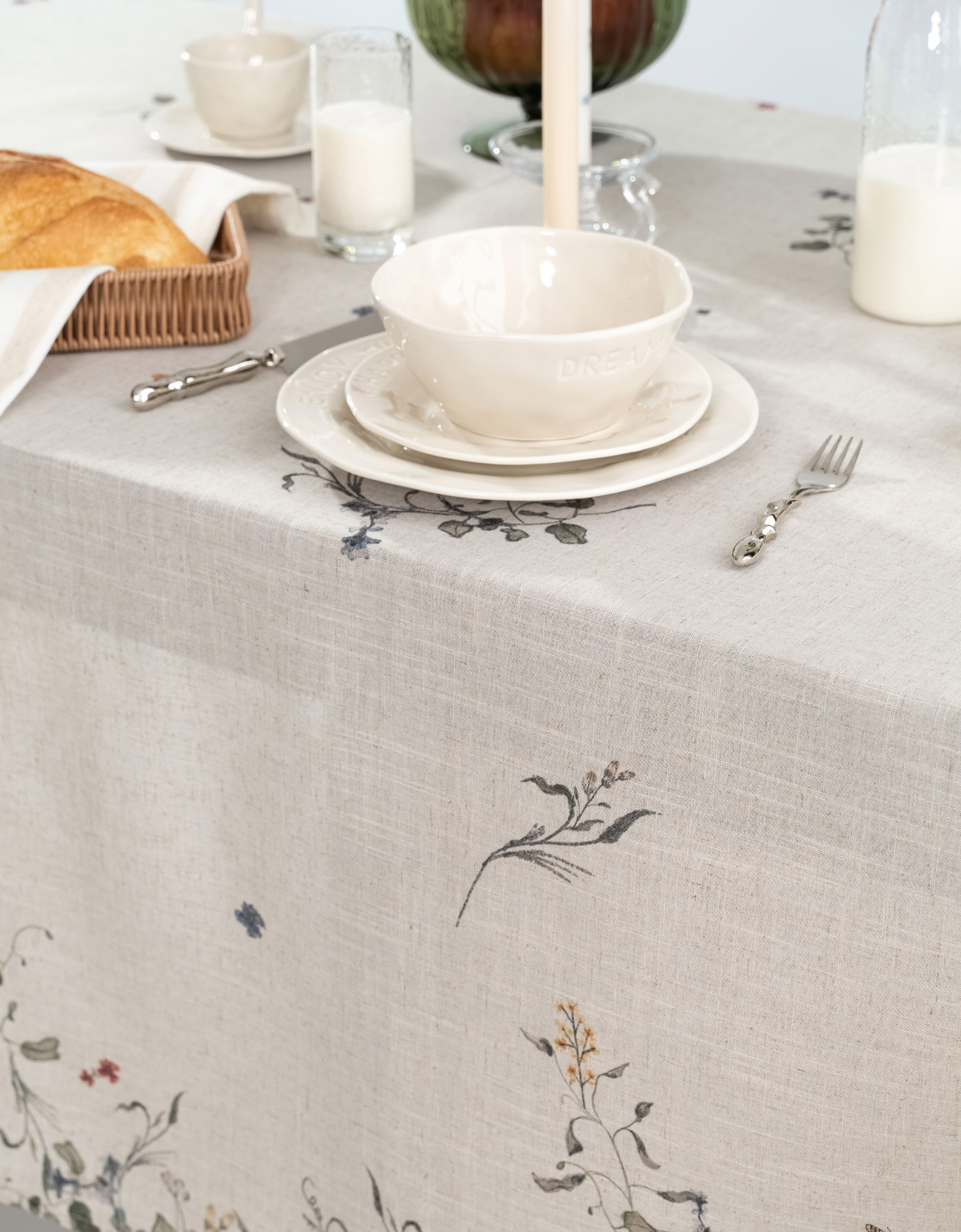 Tablecloth, 170x250 cm, polyester / linen, milky, Flowers and butterflies, Tiny flower, image-7