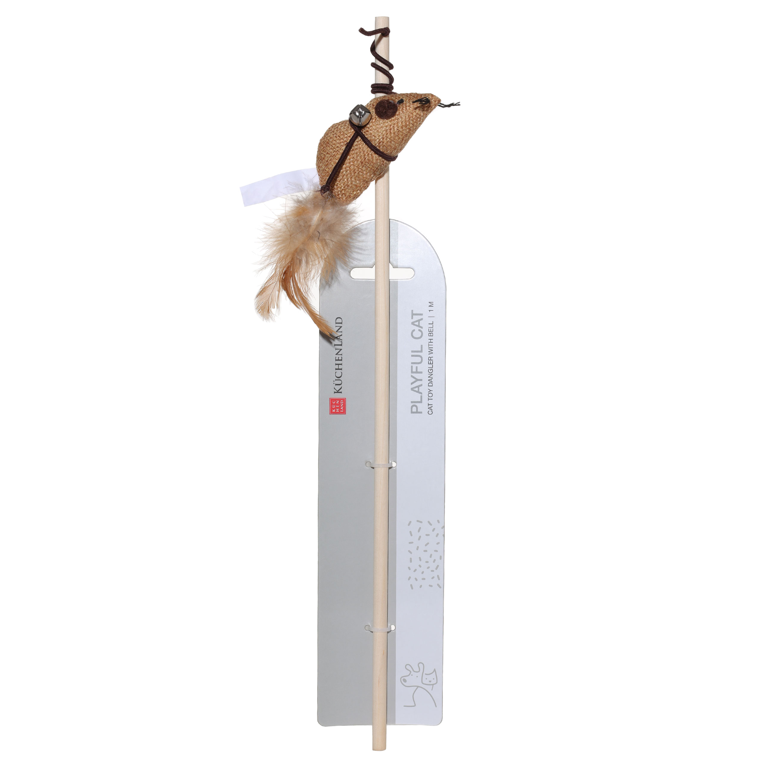 Cat fishing pole toy, 1 m, with Bell, Wood / Polyester, Mouse, Playful cat, image-1