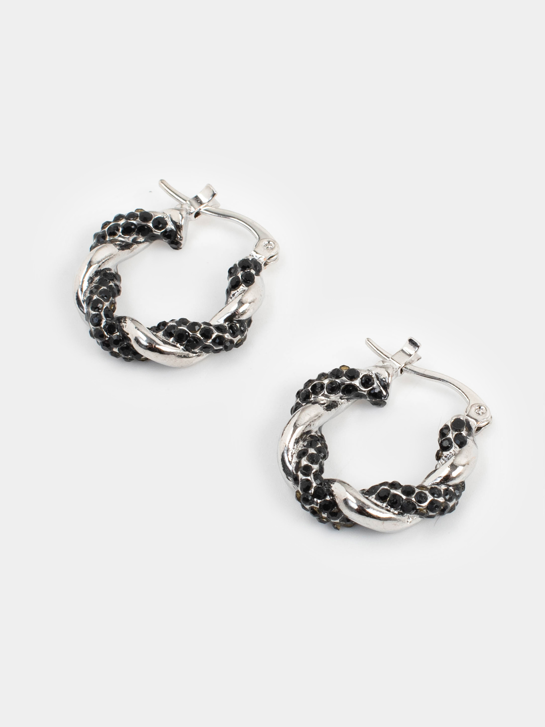 Stud earrings, 2 cm, metal / rhinestones, silver-black, Jewelry