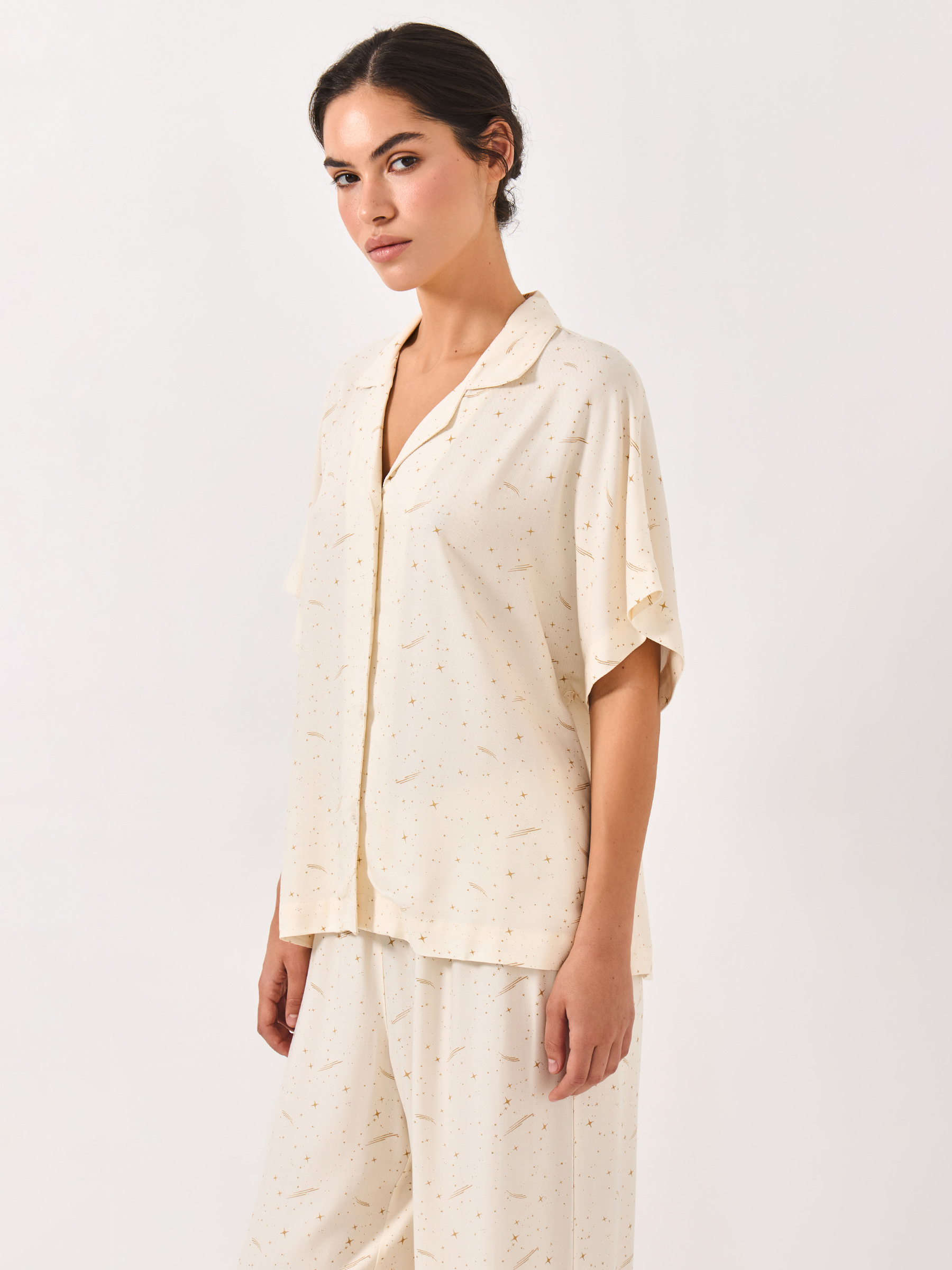 Women's shirt, homewear, size S, with short sleeves, viscose, milky, Stars, Dina, image-3