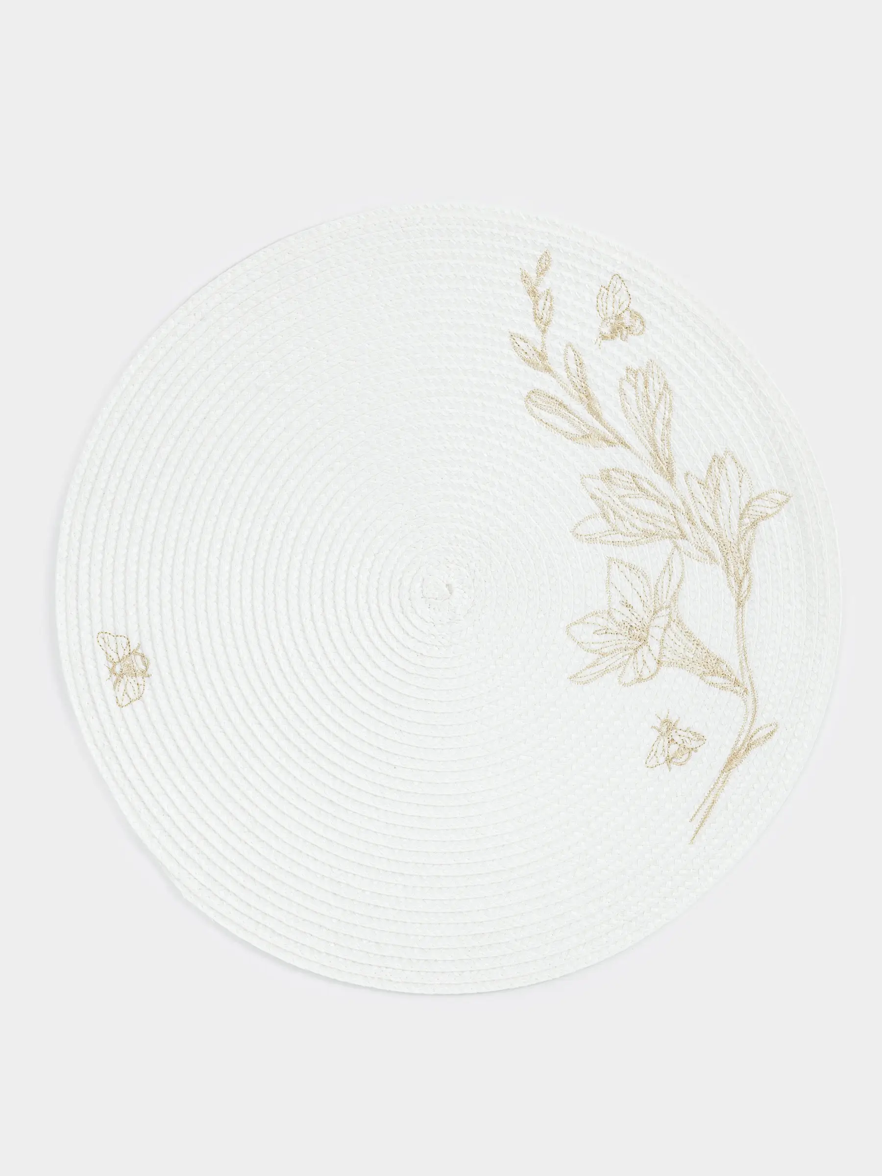 Placemat, 38 cm, polypropylene/PET, Round, Light grey, Flowers, Circle embroidery, image-0