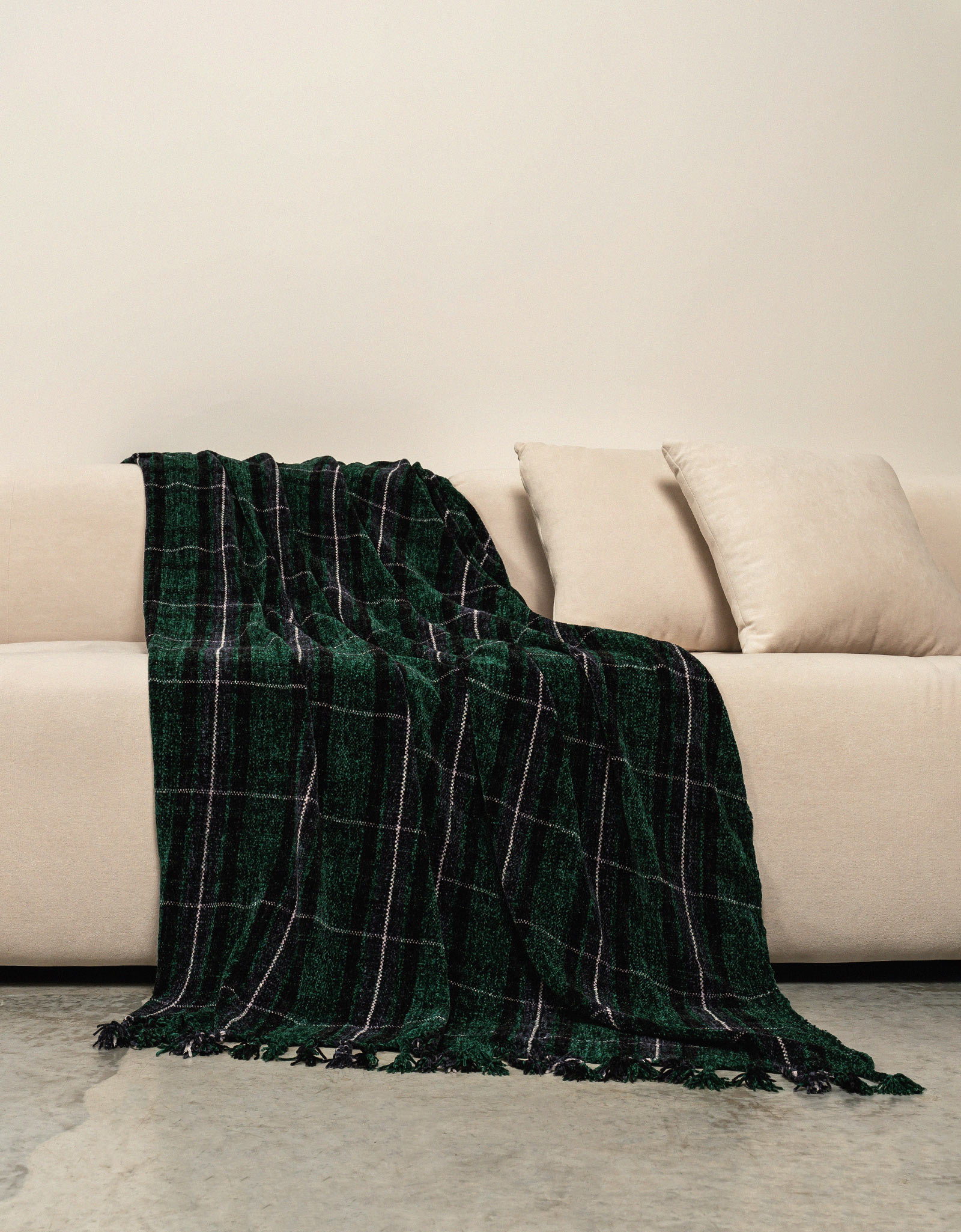 Plaid, 130x170 cm, fringed, chenille, green-blue, Checkered, Hazel, image-2