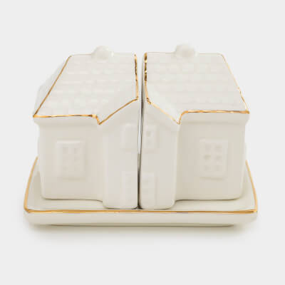 Salt and pepper set, 9 cm, on a stand, ceramic, white and gold, Houses, Snow sparks ,image-0