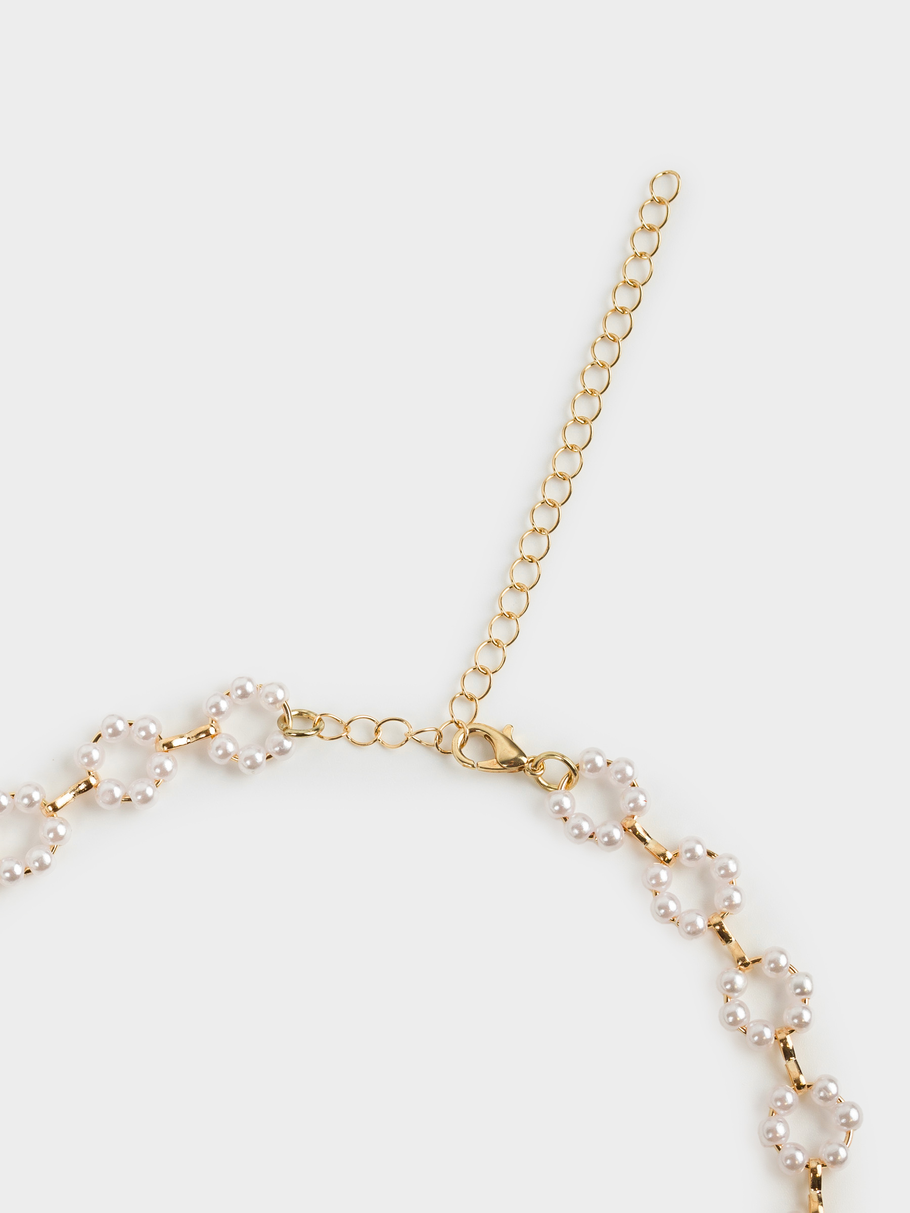 Chain, 46 cm, plastic / metal, white, Flowers from beads, Pearl