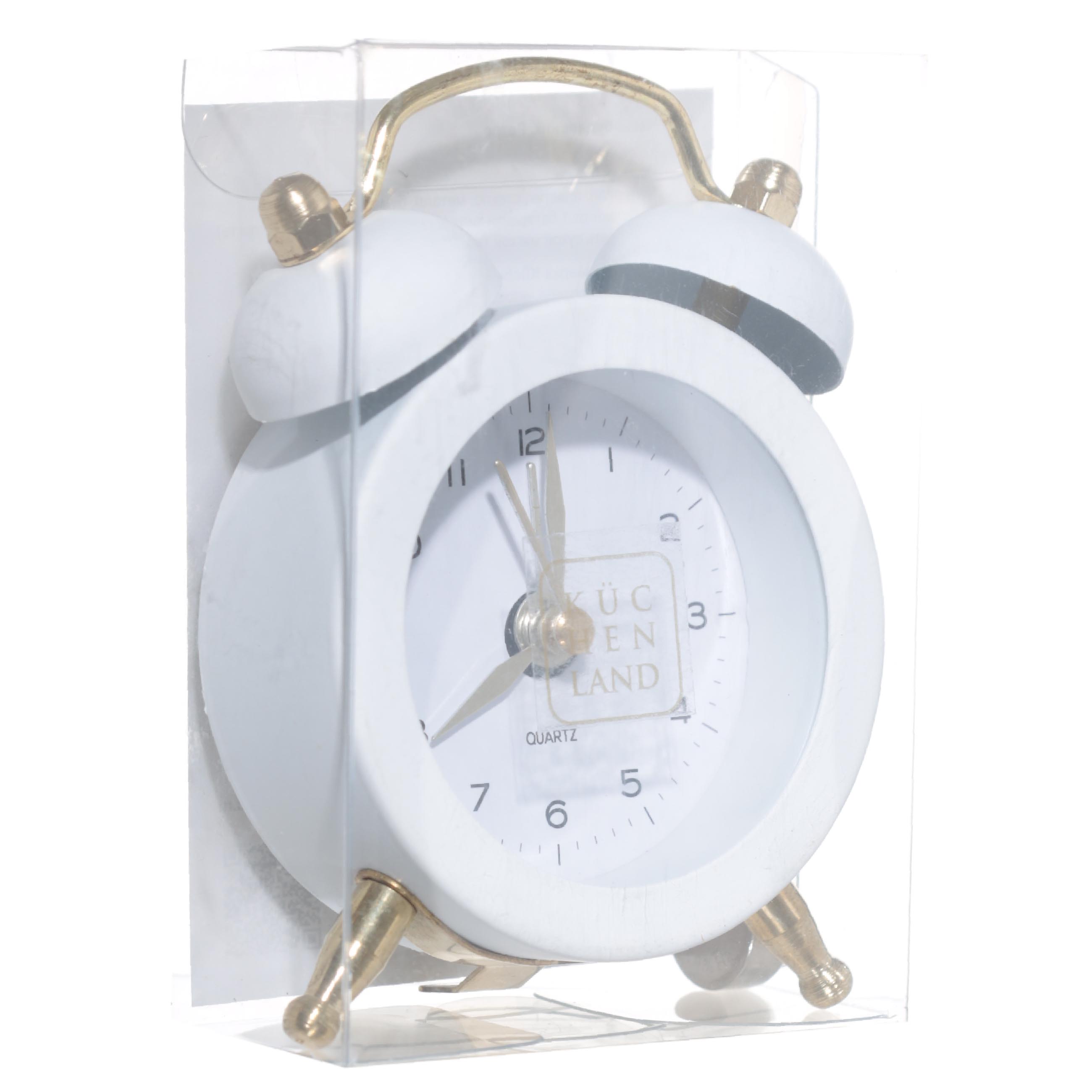Alarm clock, 8 cm, on legs, metal / glass, round, white and gold, Retro, Dial