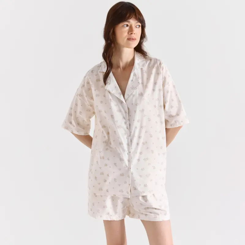 Women's shirt, homewear, size L, with short sleeves, cotton, white, Flowers, Florina ,image-0