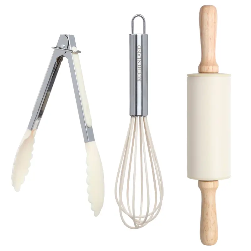 Baking set, 3 items, rolling pin/whisk/tongs, silicone / steel, milky, Soft kitchen