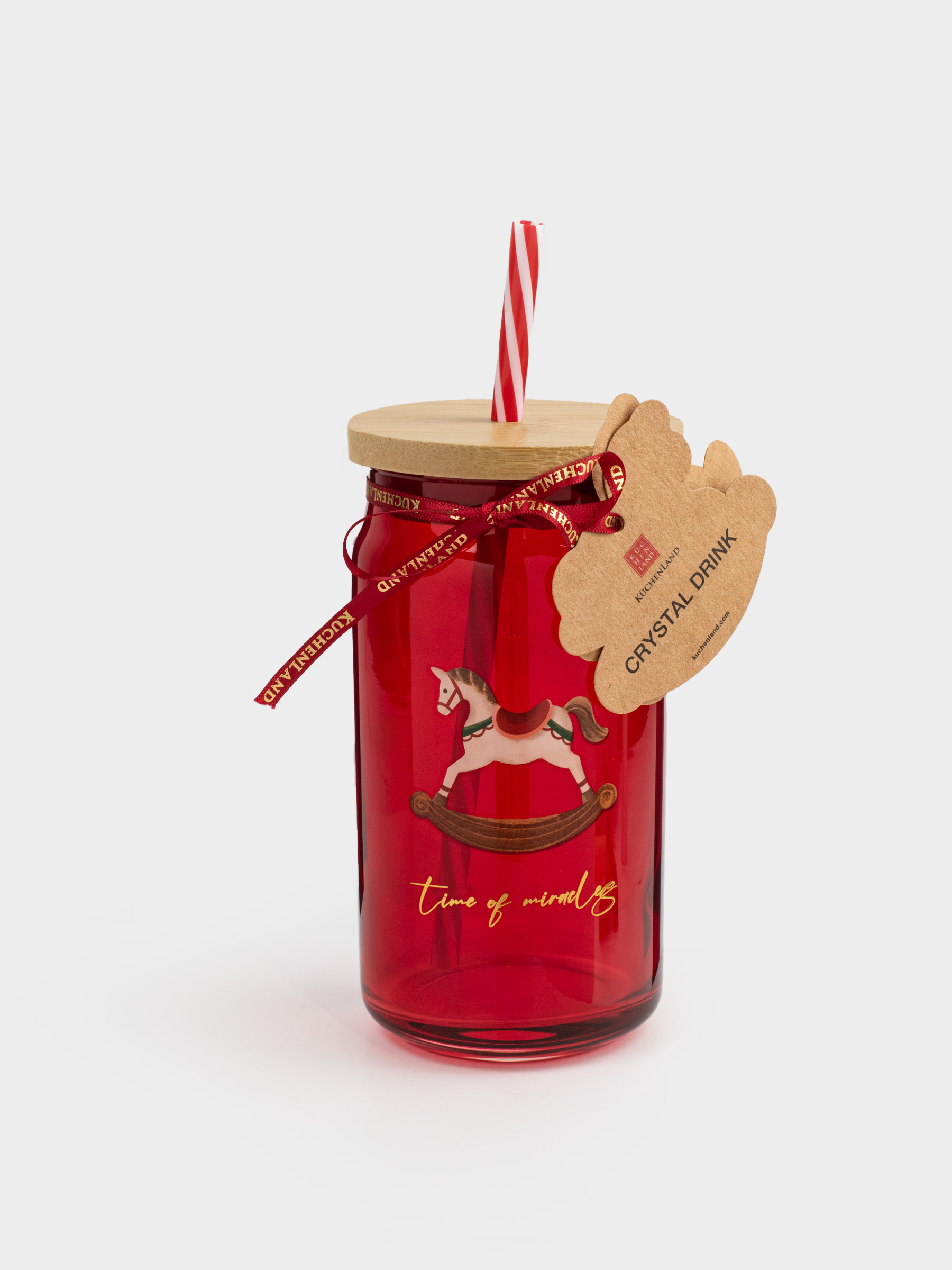 Beverage can, 450 ml, with a lid and a straw, glass, red, Horse, Crystal drink, image-6