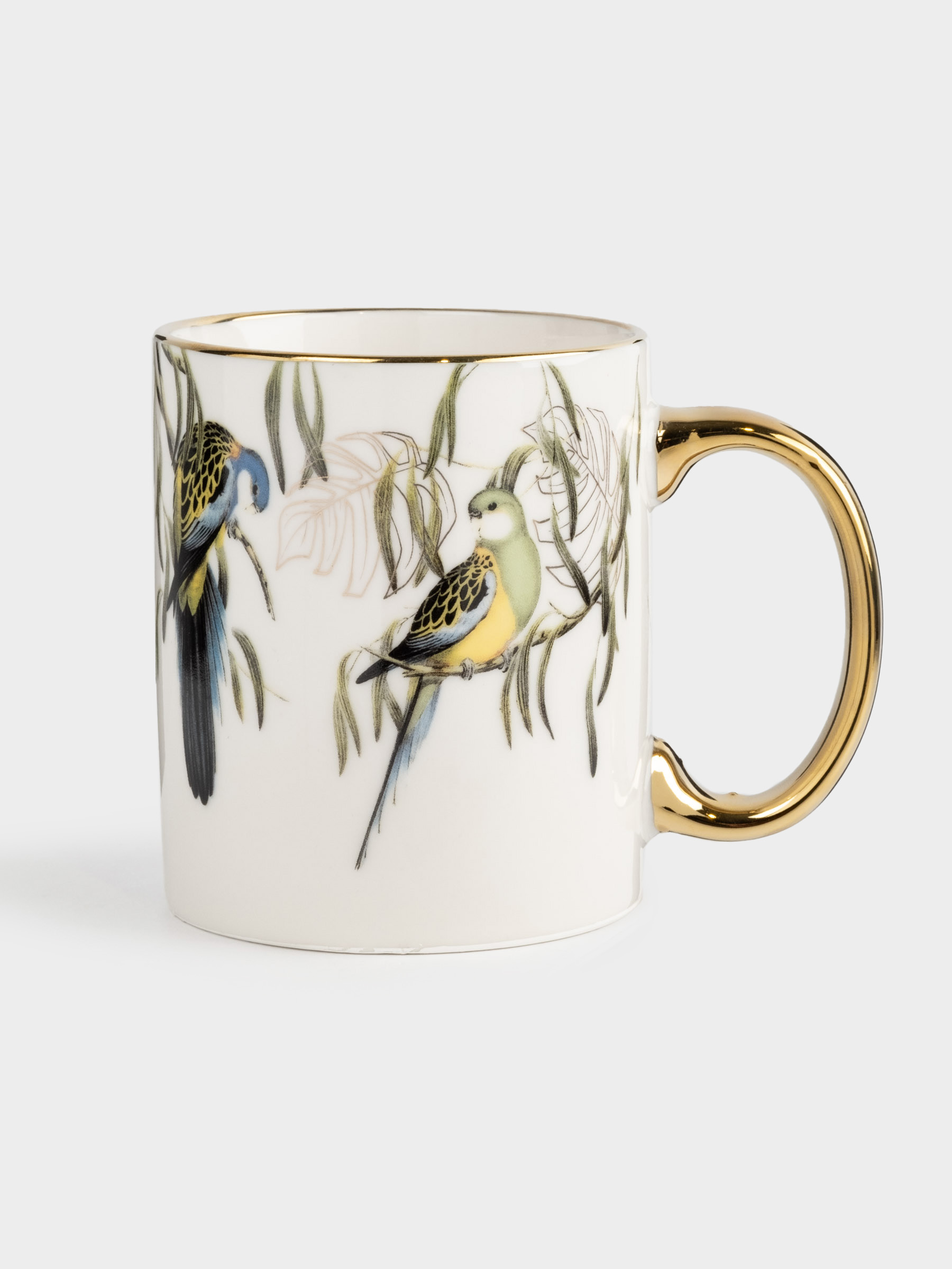 Mug, 350 ml, porcelain N, white and gold, Parrots on branches, Glorious bird, image-0