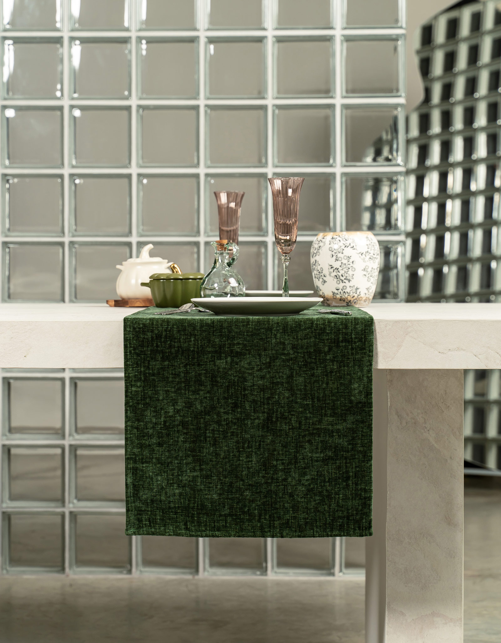 Table runner, 40x160 cm, velvet, green, Grand garden, image-2