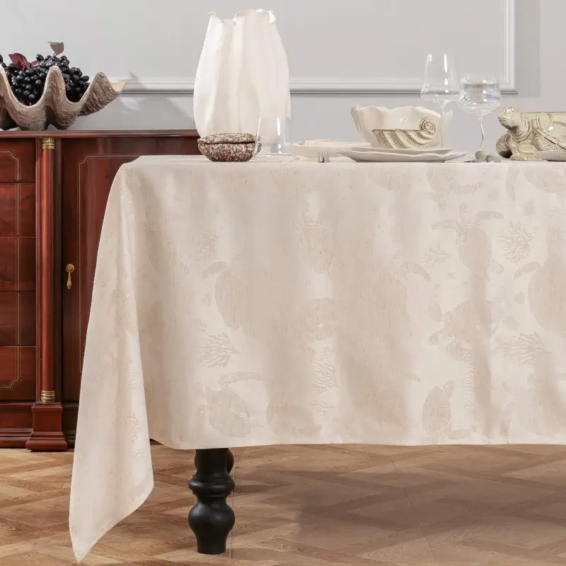 Tablecloth, 170x250 cm, jacquard, polyester / linen, beige, Turtles, Marine turtles ,image-0
