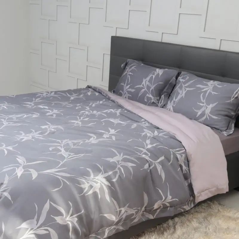 Bed linen set, euro, tencel 300 TC, gray-purple, Leaves,Tencel, image-0