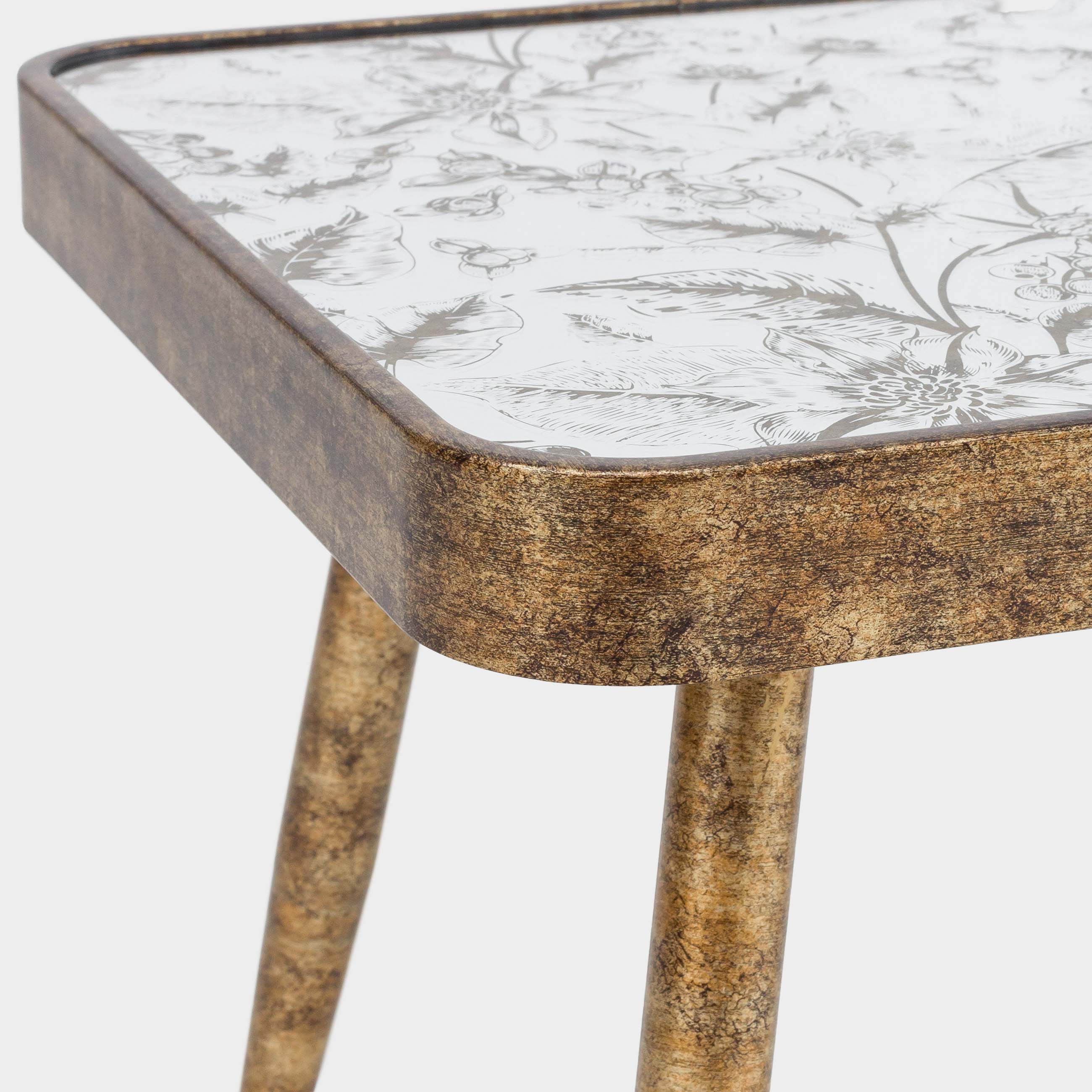 Coffee table, 40x36 cm, glass / plastic, square, golden, Flowers, Floral