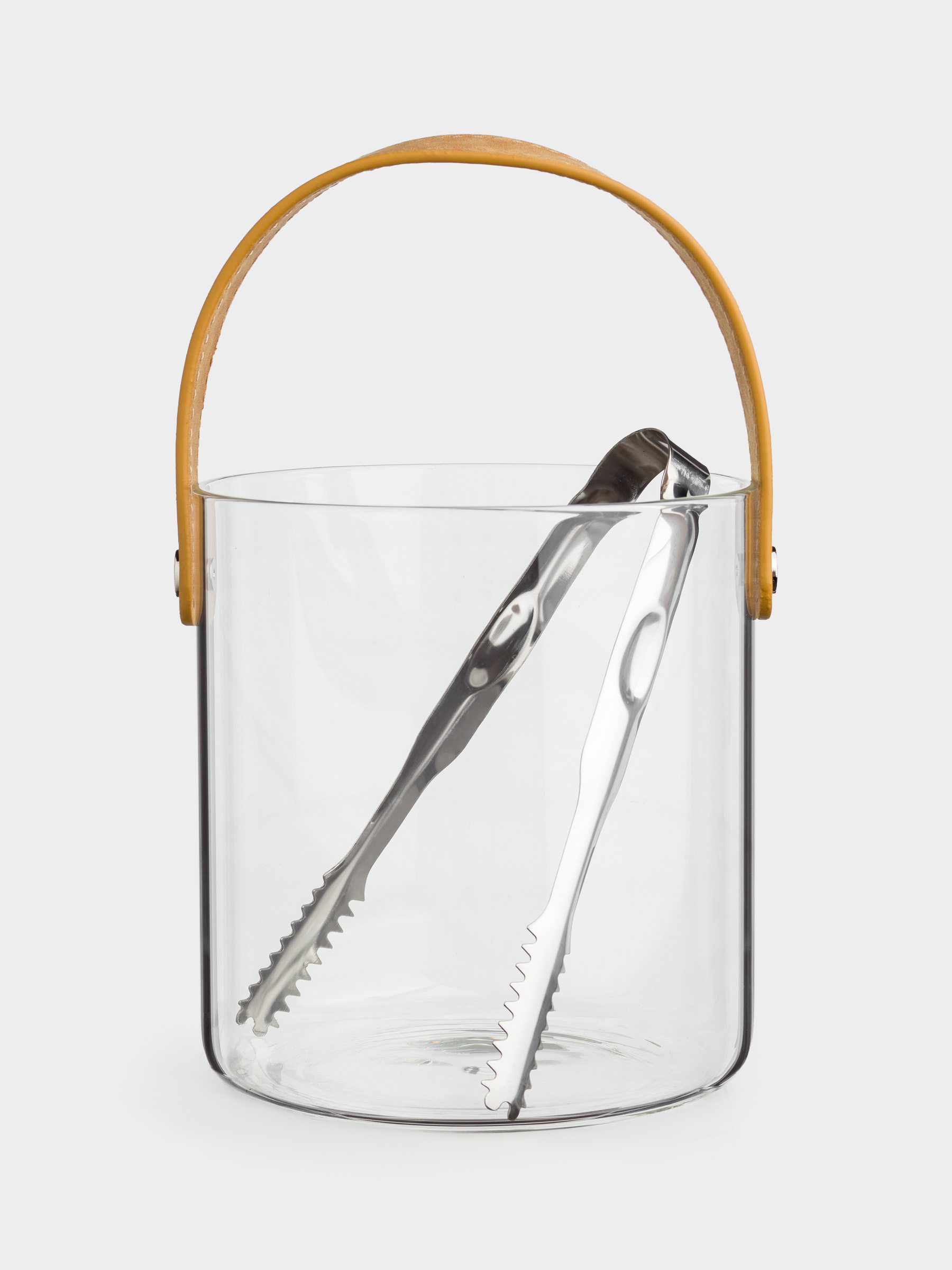 Ice bucket, 14 cm, with handle and tongs, Glass / PU leather, Clear devo, image-0