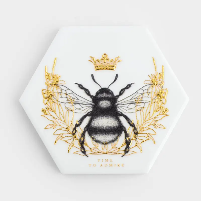 Coaster, 11 cm, ceramic / cork, hexagonal, white, Royal bee, Honey ,image-0