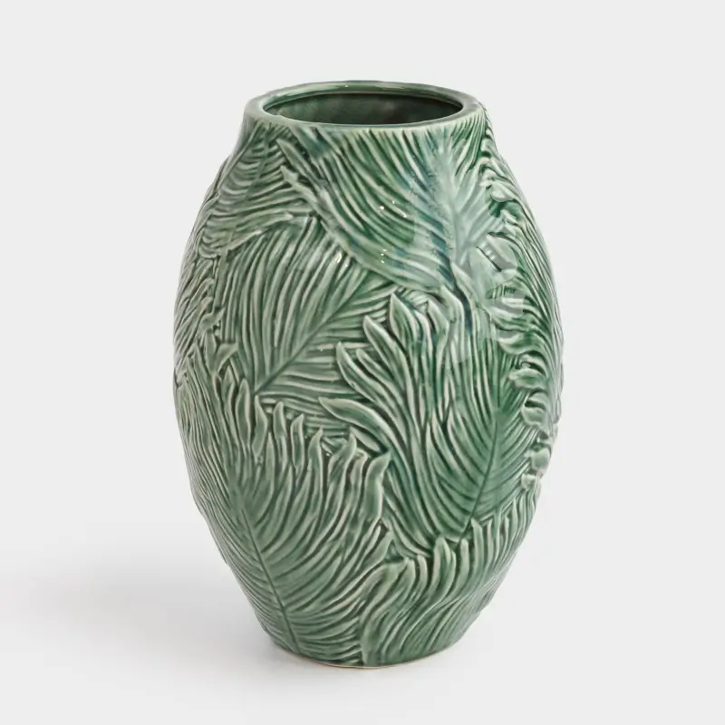 Flower vase, 23 cm, ceramic, Green, Tropical leaves, Tropical ,image-0