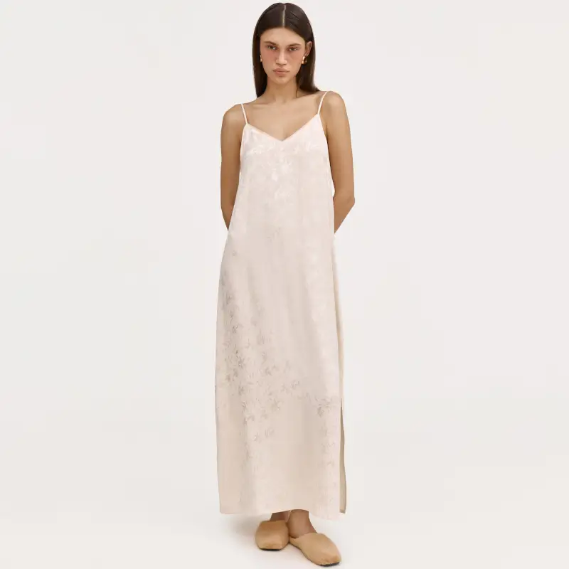 Women's dress, homewear, midi, size L, with straps, viscose, milky, Flowers, Arisha ,image-0