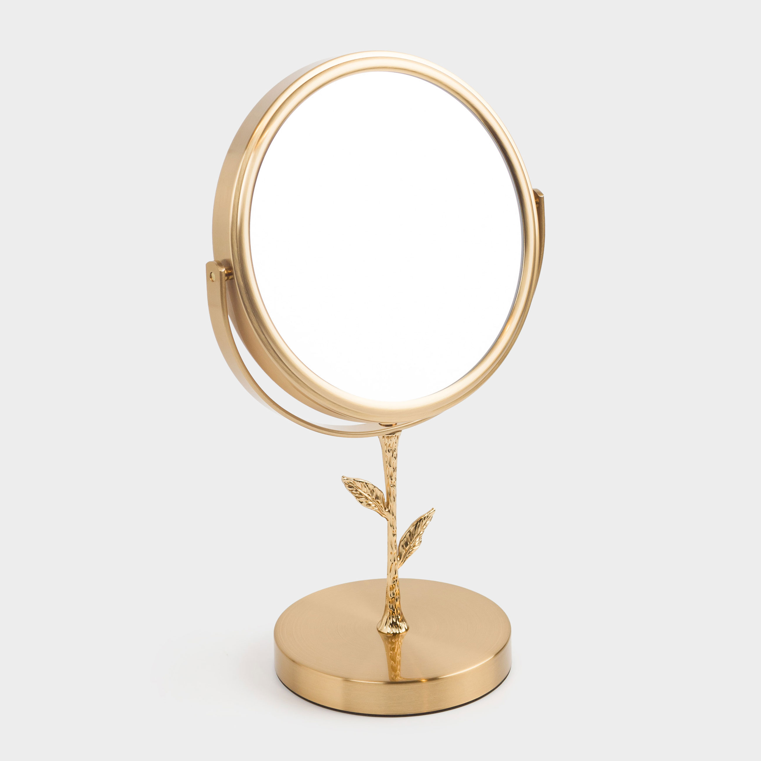 Table mirror, 30x18/15 cm, double-sided, on a leg, metal, round, gold, Freya