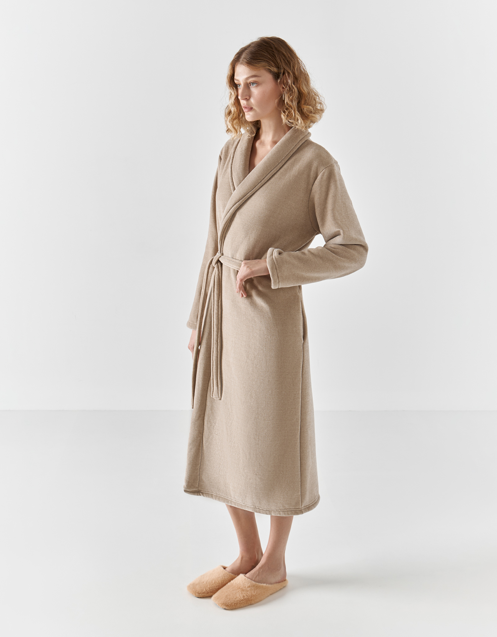 Women's robe, homewear, size L / XL, with long sleeves, chenille / faux fur, beige, Jesse, image-3