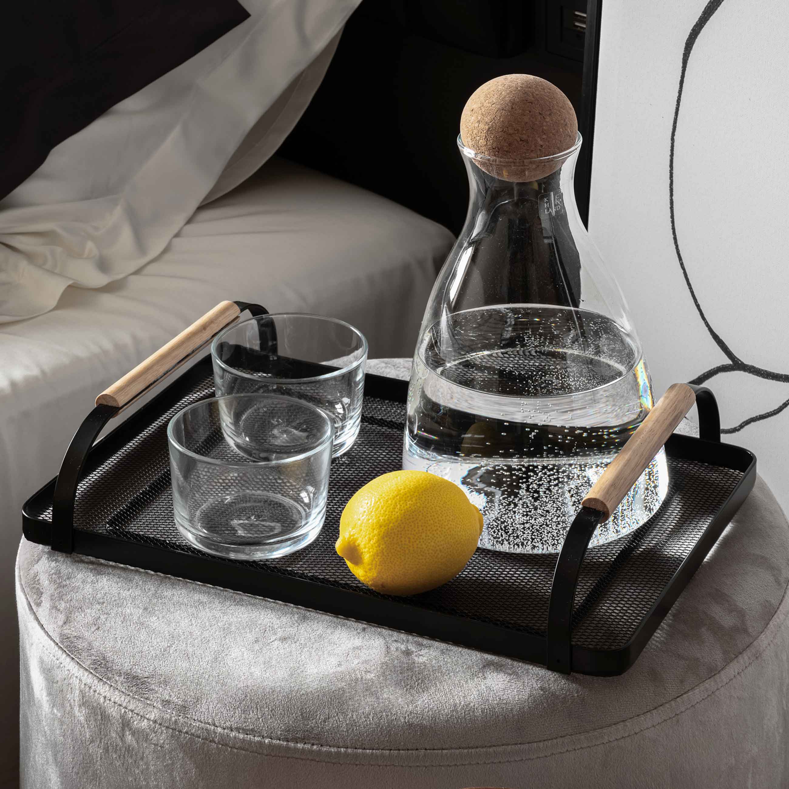 Tray, 33x23 cm, with handles, metal / wood, rectangular, black, Black style