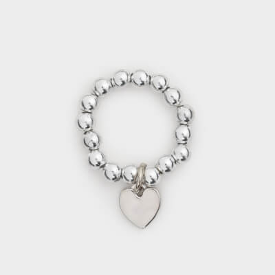 Ring, size S-M, single size, plastic / glass, silver, Heart, Pearl heart