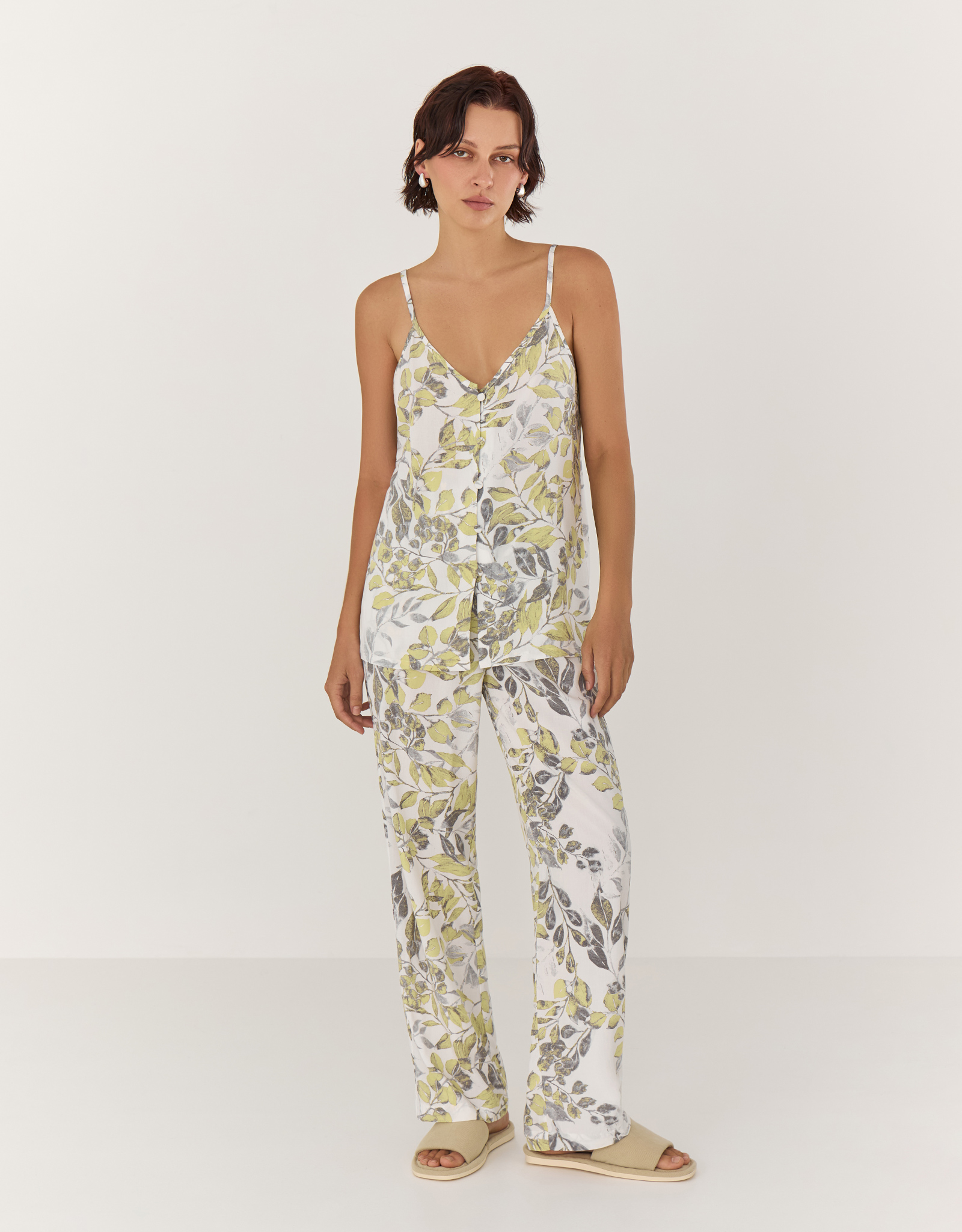 Women's top, homewear, size L, buttons, viscose, white and yellow, Leaves, Leksi, image-0