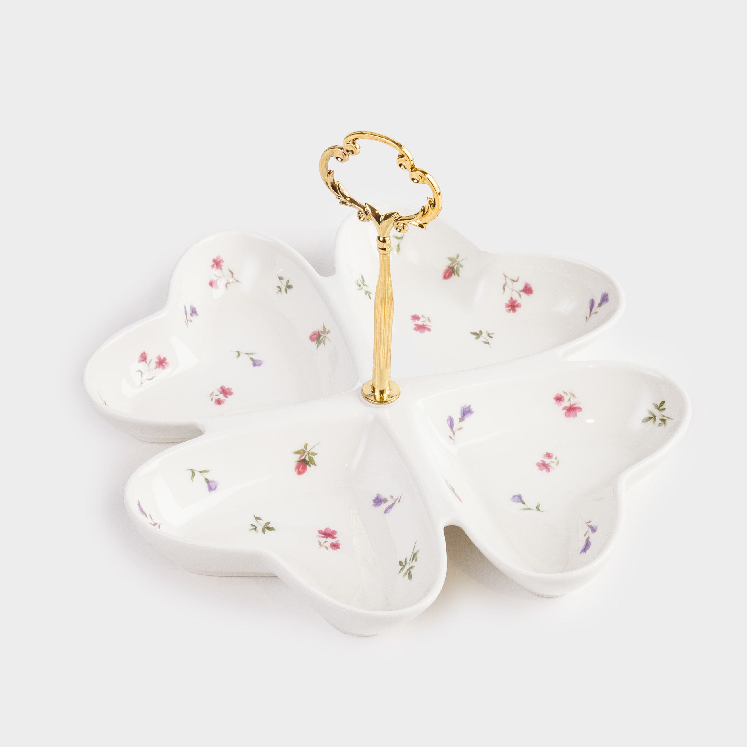 Snack stand, 23x17 cm, 4 compartments, with handle, ceramic / steel, Heart in flowers, El flora, image-1