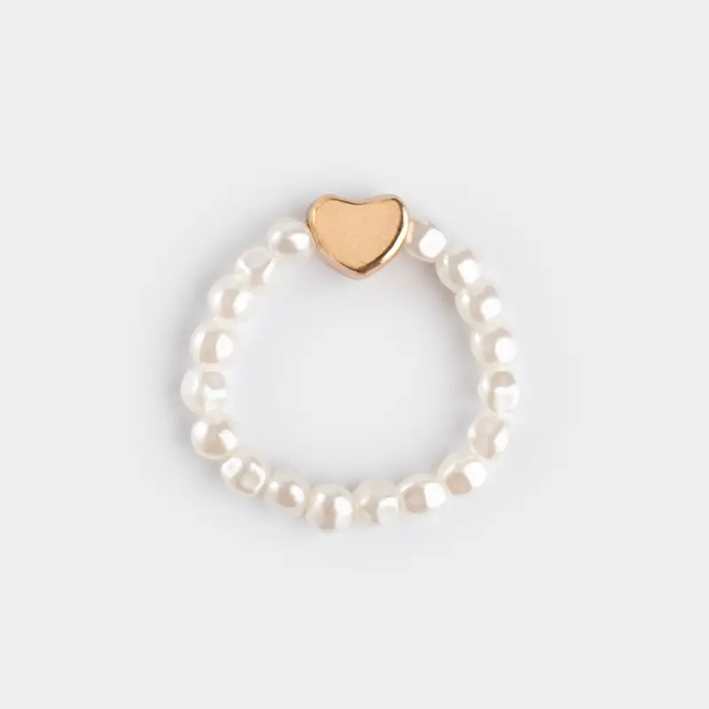 Ring, size S-M, single size, plastic / glass, white-gold, Heart, Pearl heart