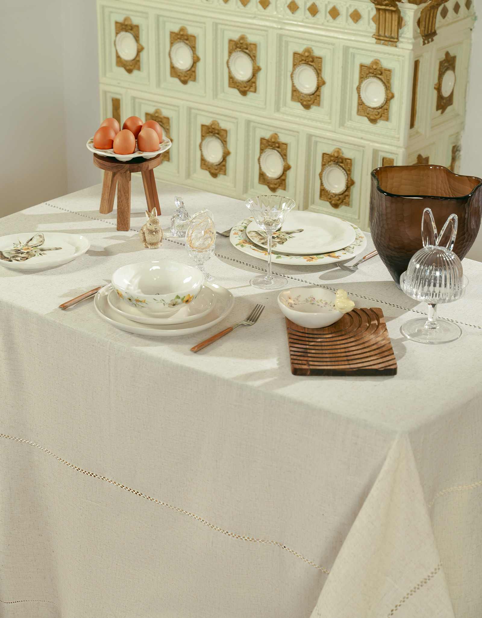 Tablecloth, 160x160 cm, polyester / linen, beige, Hemstitch